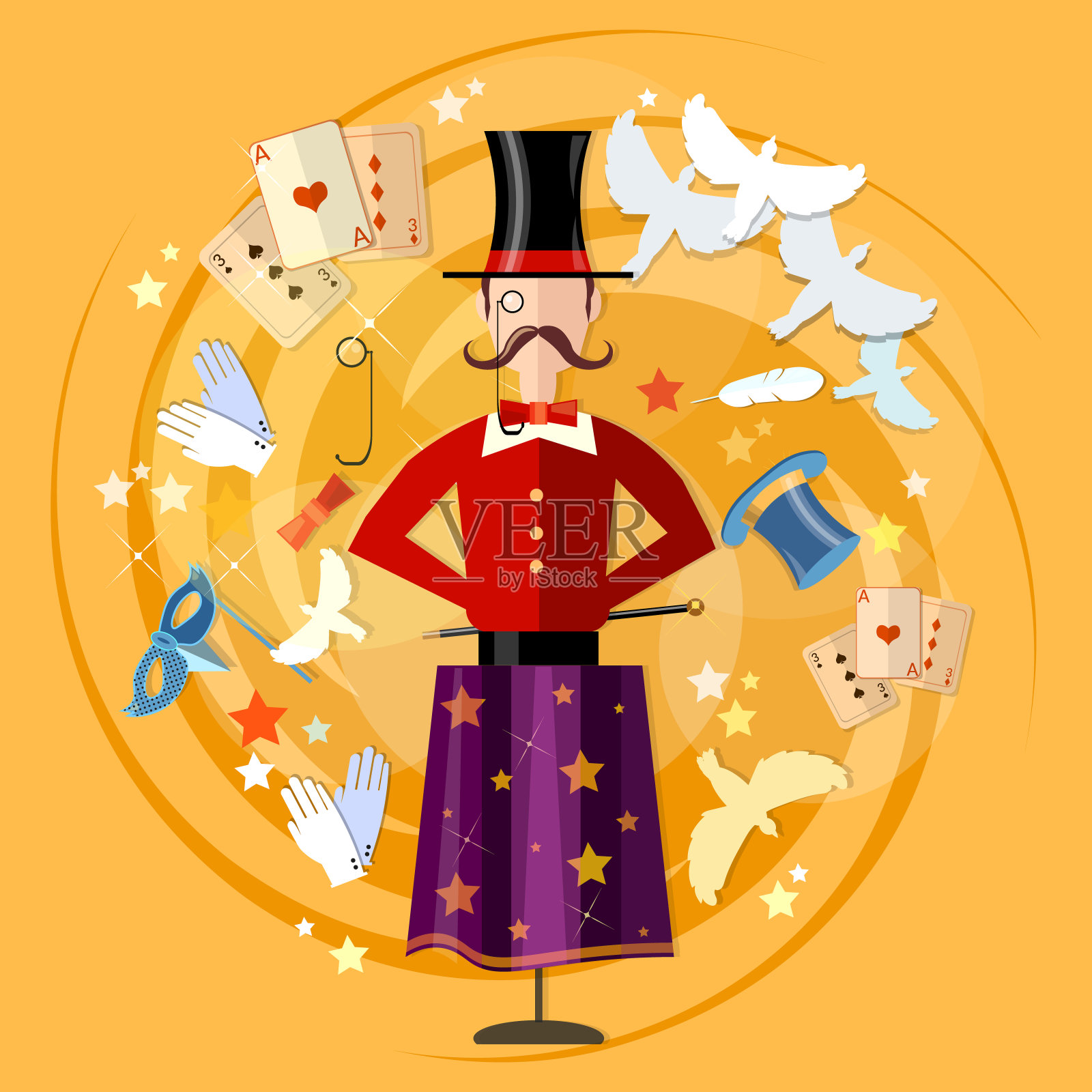 马戏团的魔术师，表演的戏法集中矢量插画图片素材