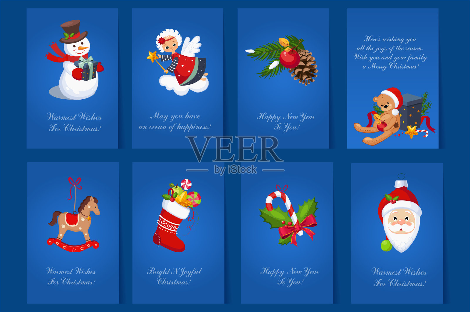一套八款彩色节日贺卡。圣诞和新年快乐的蓝色明信片雪人，熊与礼物盒天使，装饰玩具，袜子与糖果设计模板素材