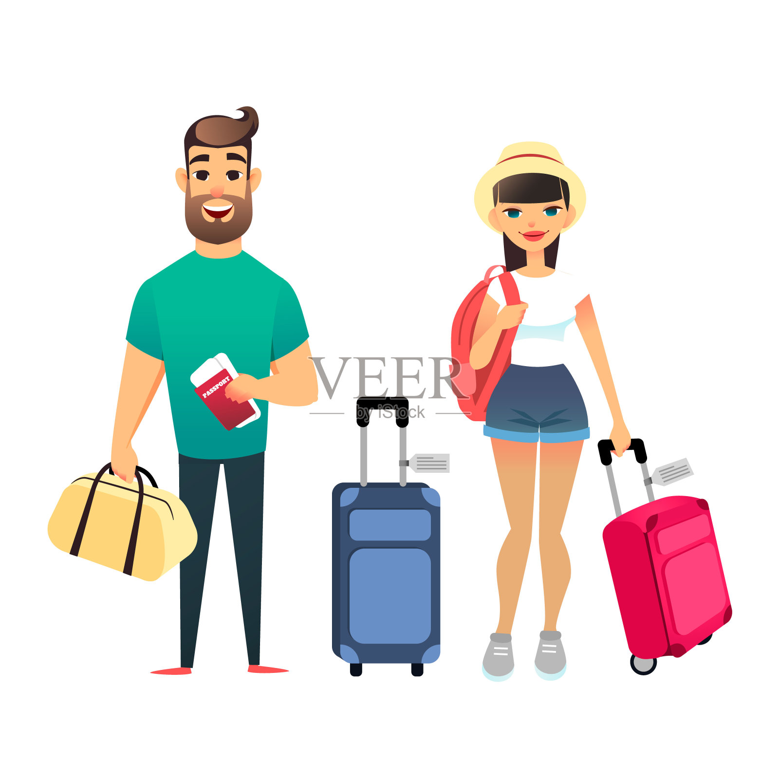人们在等飞机或火车。卡通男男女女一起旅行。年轻的卡通夫妇带着行李去度假。男人拿着机票和护照，女孩拿着背包。快乐的新婚夫妇去海边度假了插画图片素材