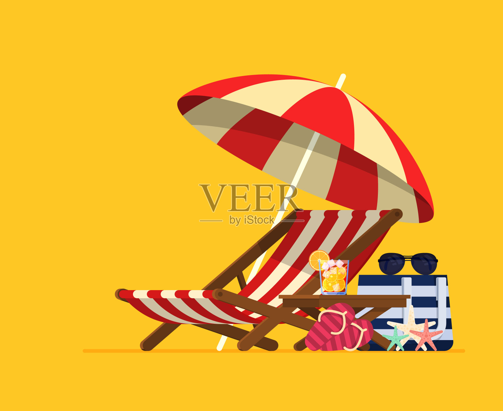 度假和旅行的概念。沙滩伞，沙滩椅插画图片素材