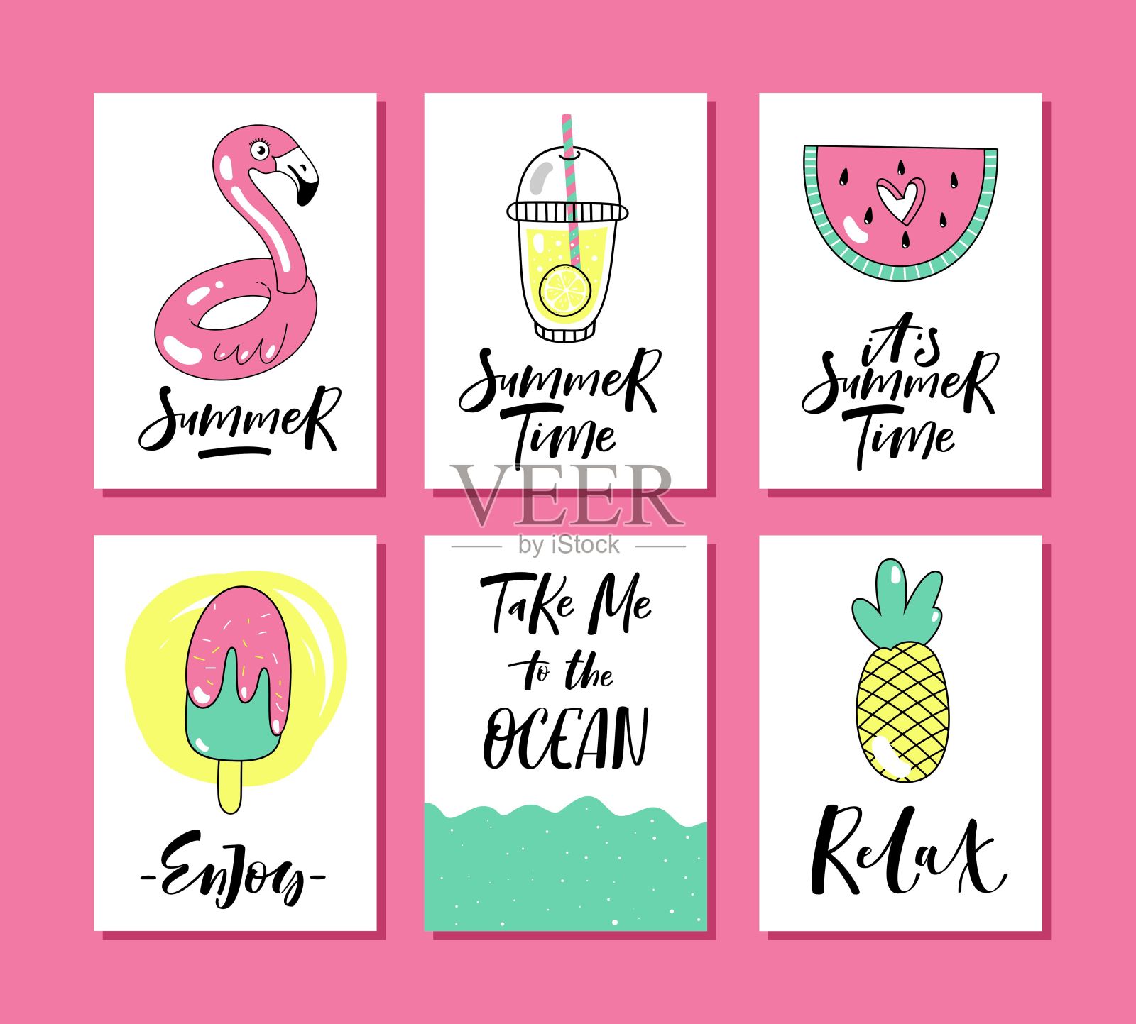 六向量明亮的夏季卡片。夏日海报上有菠萝、西瓜、冰淇淋、火烈鸟、柠檬水和手写文字。插画图片素材