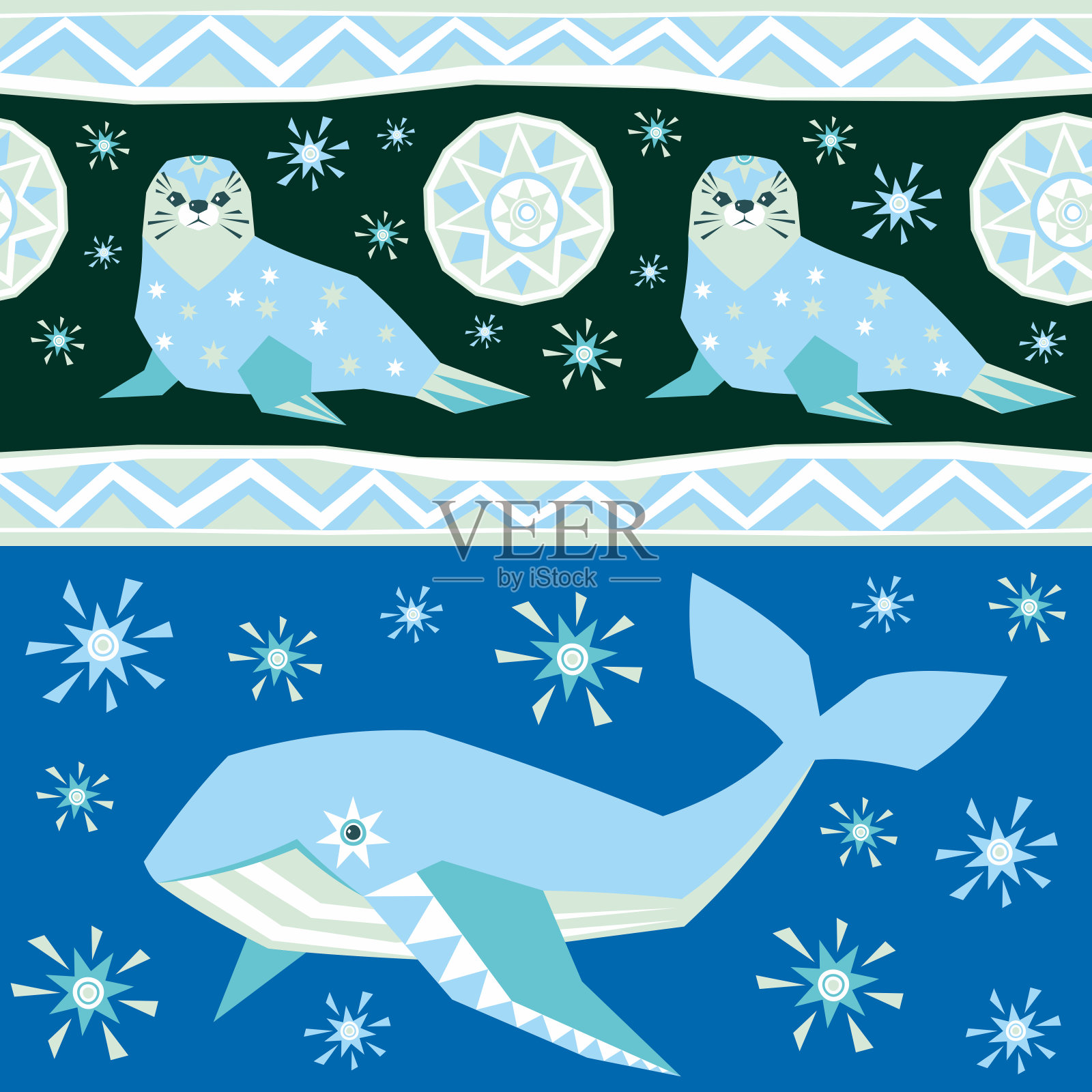 海豹和鲸鱼图案插画图片素材