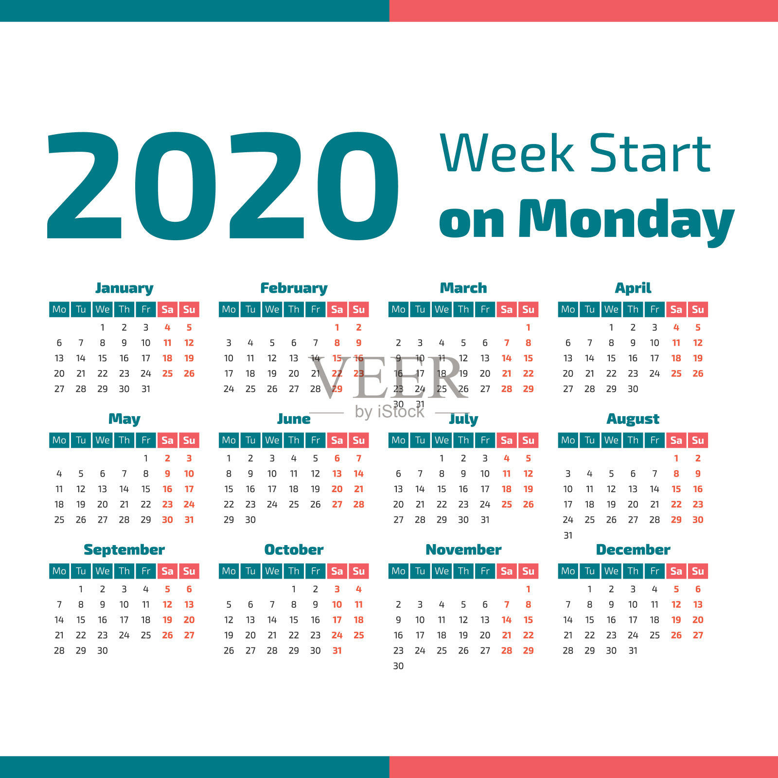 简单的2020年日历设计模板素材
