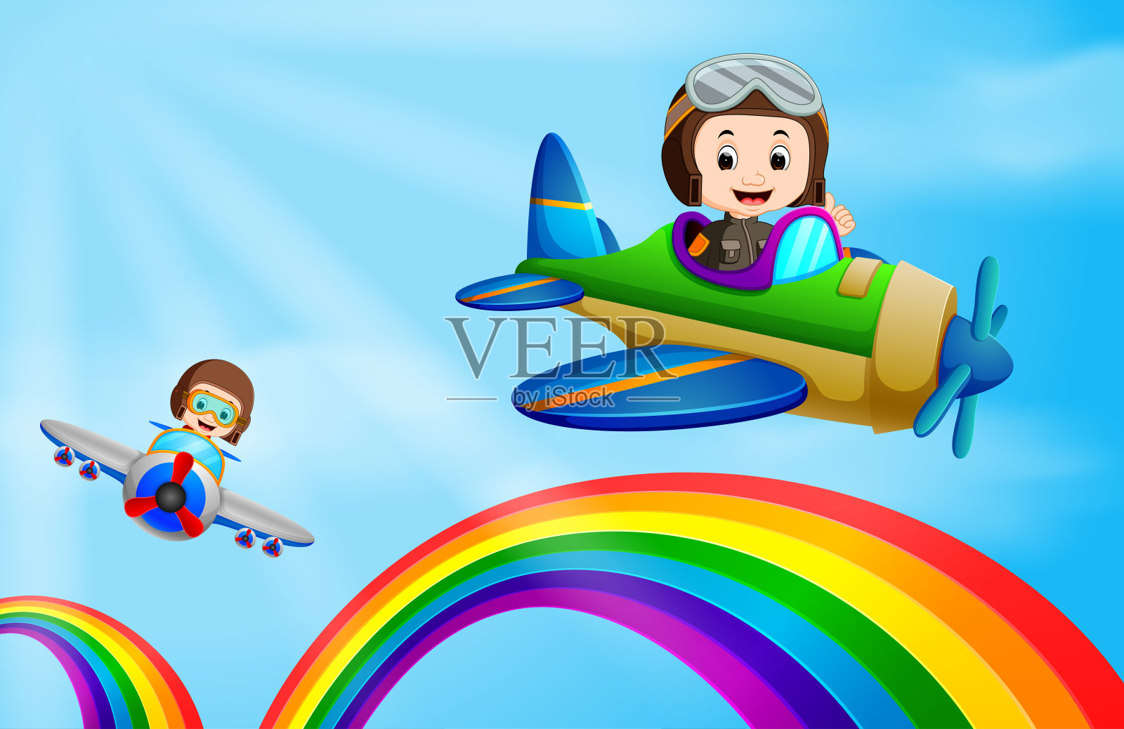 两架飞机飞过彩虹插画图片素材