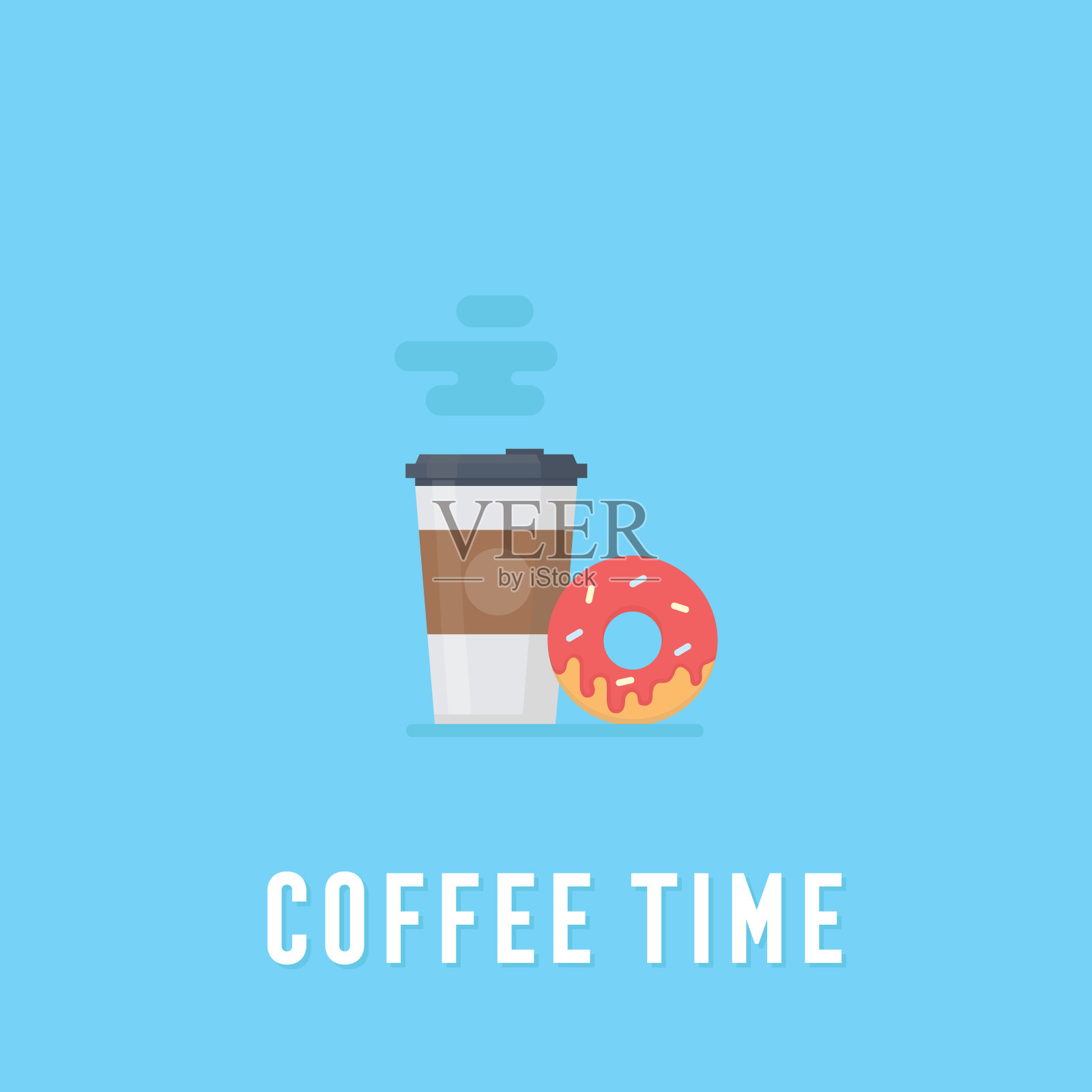 塑料杯咖啡和甜甜圈，早餐食品，咖啡时间插画图片素材