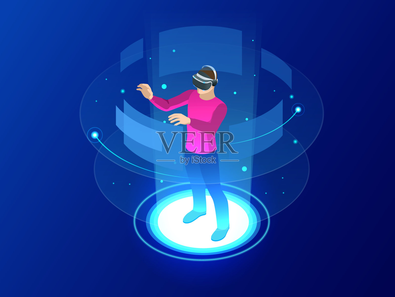 带触控虚拟现实界面的眼镜式头盔。进入虚拟现实世界。未来科技插画图片素材