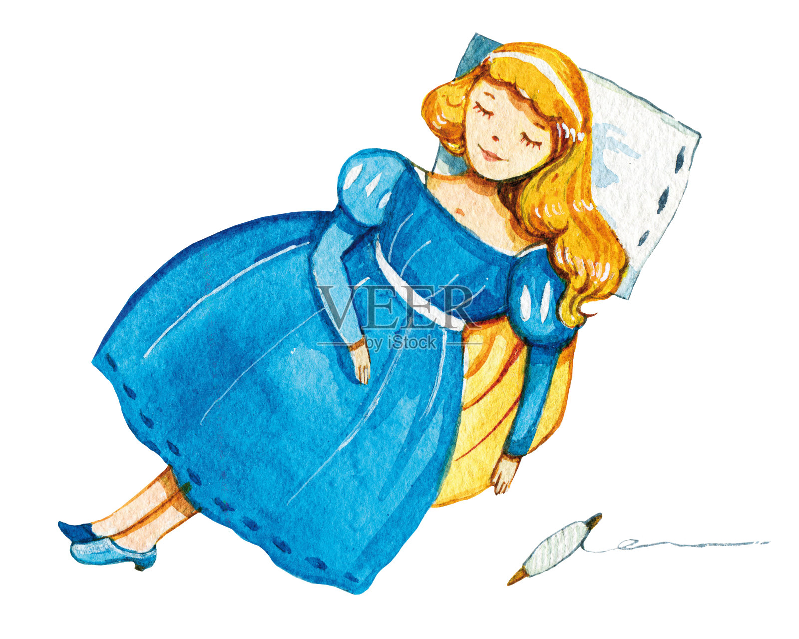 手绘水彩画睡美人在蓝色裙子与纺锤插画图片素材