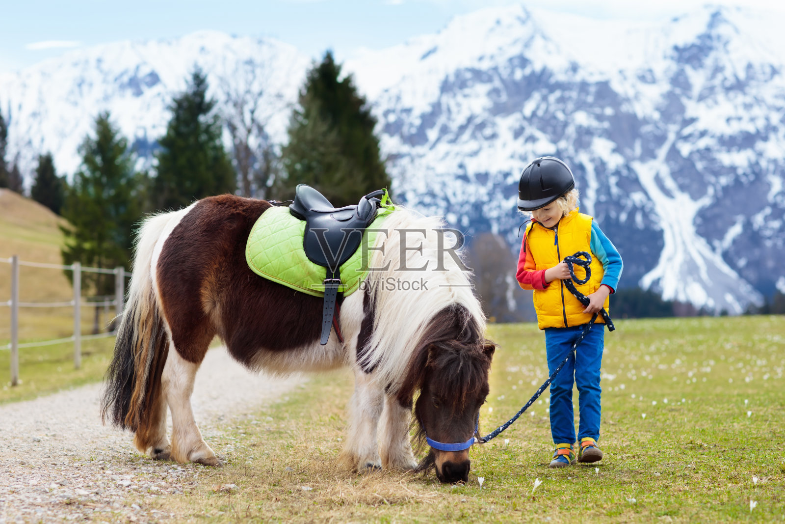 孩子们骑小马。阿尔卑斯山山上骑着马的孩子照片摄影图片