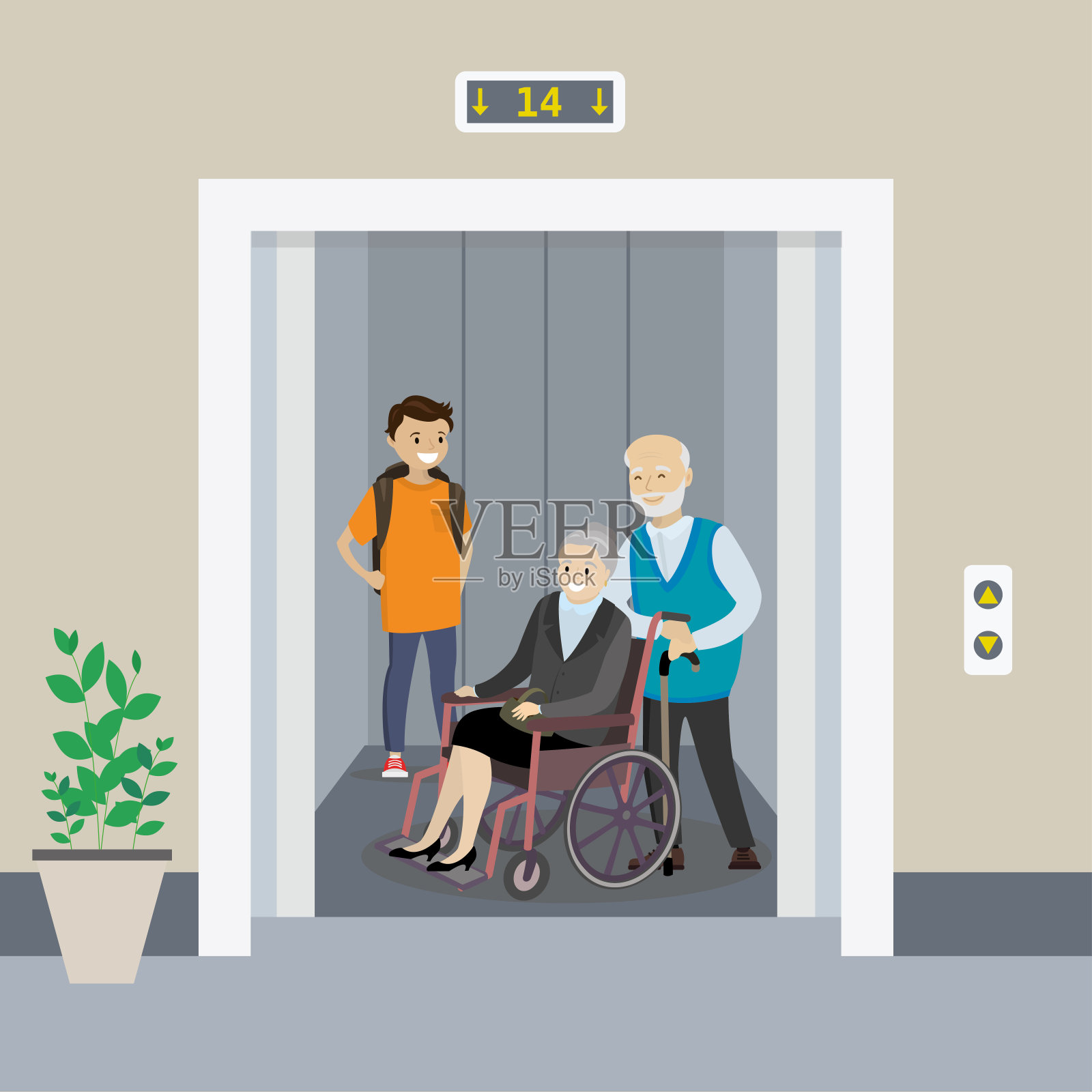 一个年轻人和几个老人在电梯里，插画图片素材
