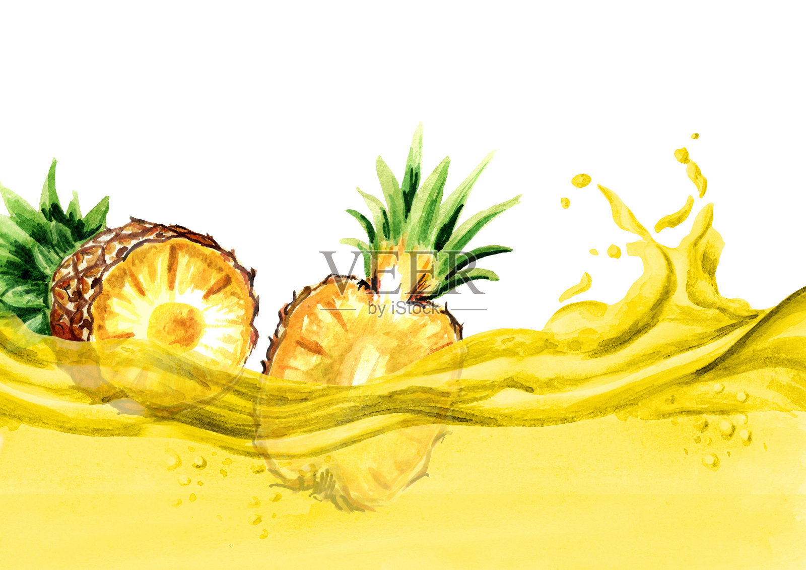 新鲜菠萝水果上一波菠萝汁，水彩手绘插画插画图片素材