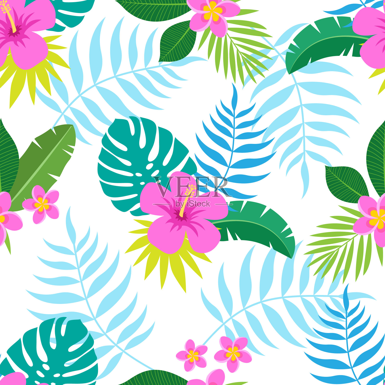 异国情调的无缝彩色图案与热带丛林的叶子和花鸡蛋花和木槿在白色的背景。插画图片素材