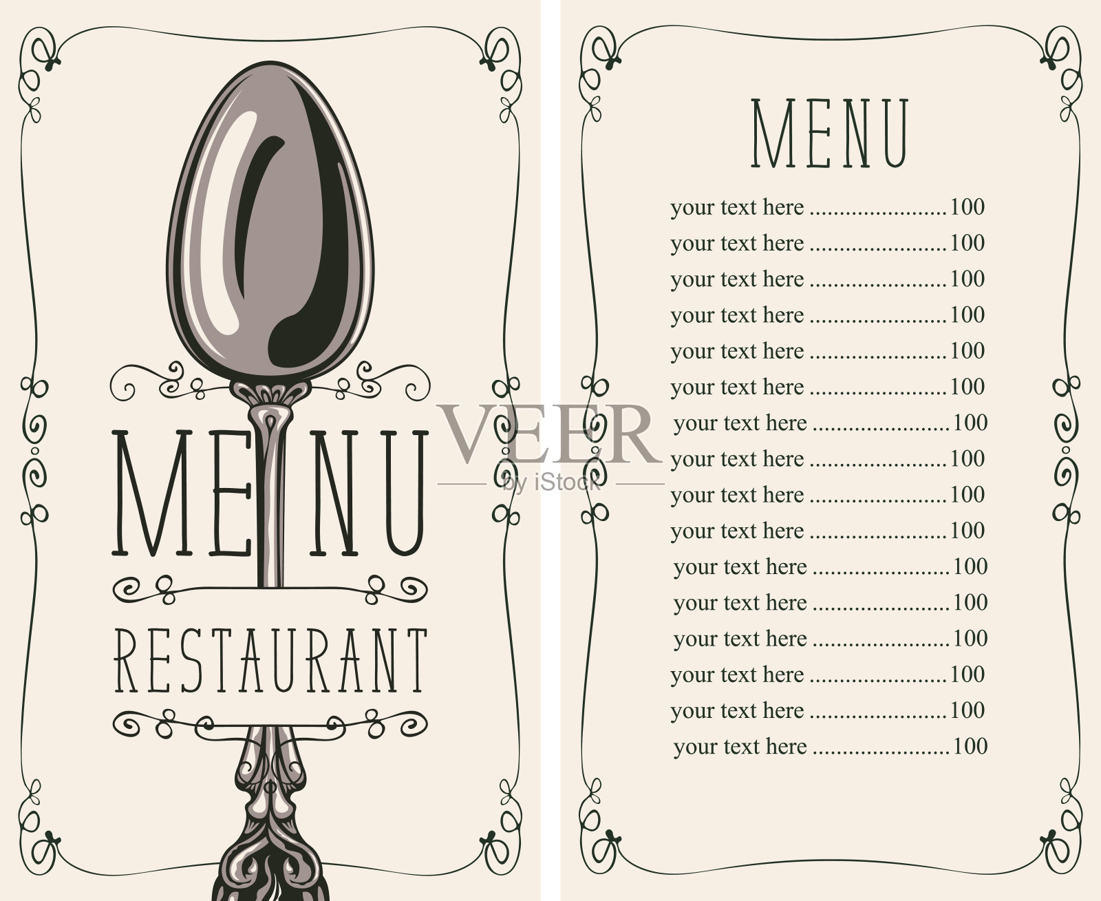餐厅菜单，价格表和勺子设计模板素材