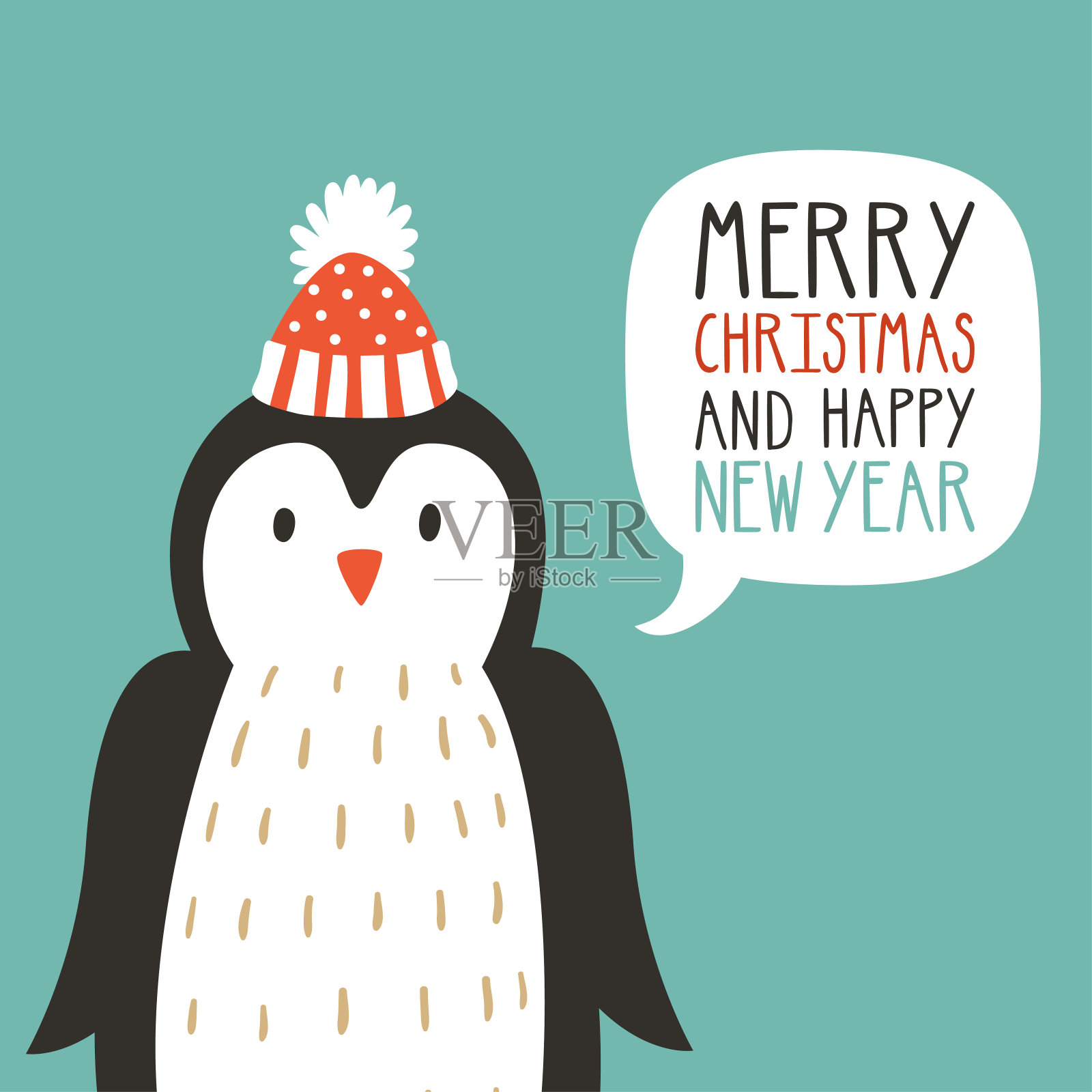 矢量假日插图可爱的企鹅在一顶帽子说“圣诞快乐和新年快乐”。圣诞背景与微笑卡通人物。冬天的贺卡。插画图片素材