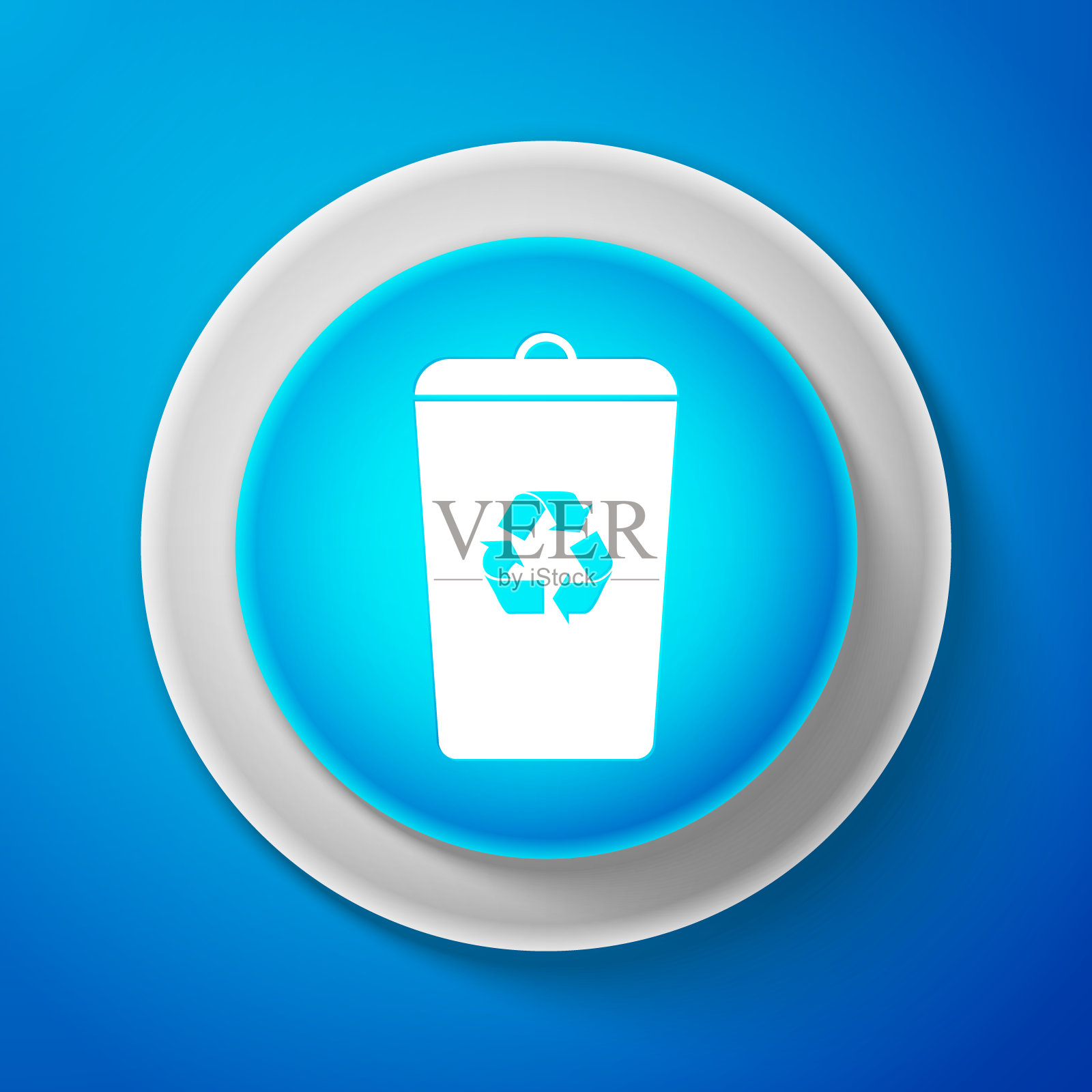 白色回收站与回收符号图标隔离在蓝色背景。垃圾桶图标。用白线圈出蓝色按钮。矢量图插画图片素材