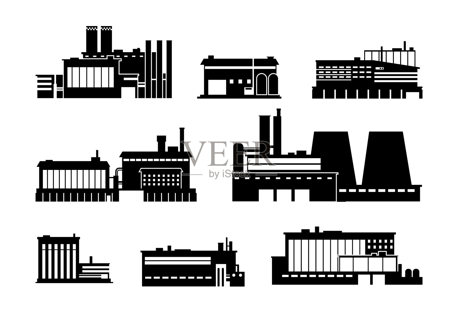 工厂、电力和制造工厂黑色剪影图标孤立。重工业矢量符号插画图片素材