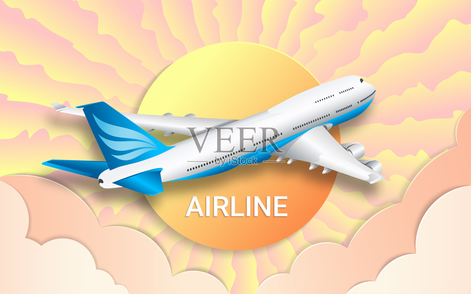客轮的飞行航空公司。五颜六色的天空，明亮的太阳和粉红色的云。剪纸的效果。时尚的颜色渐变。休息、旅游、旅游和商务。插画图片素材