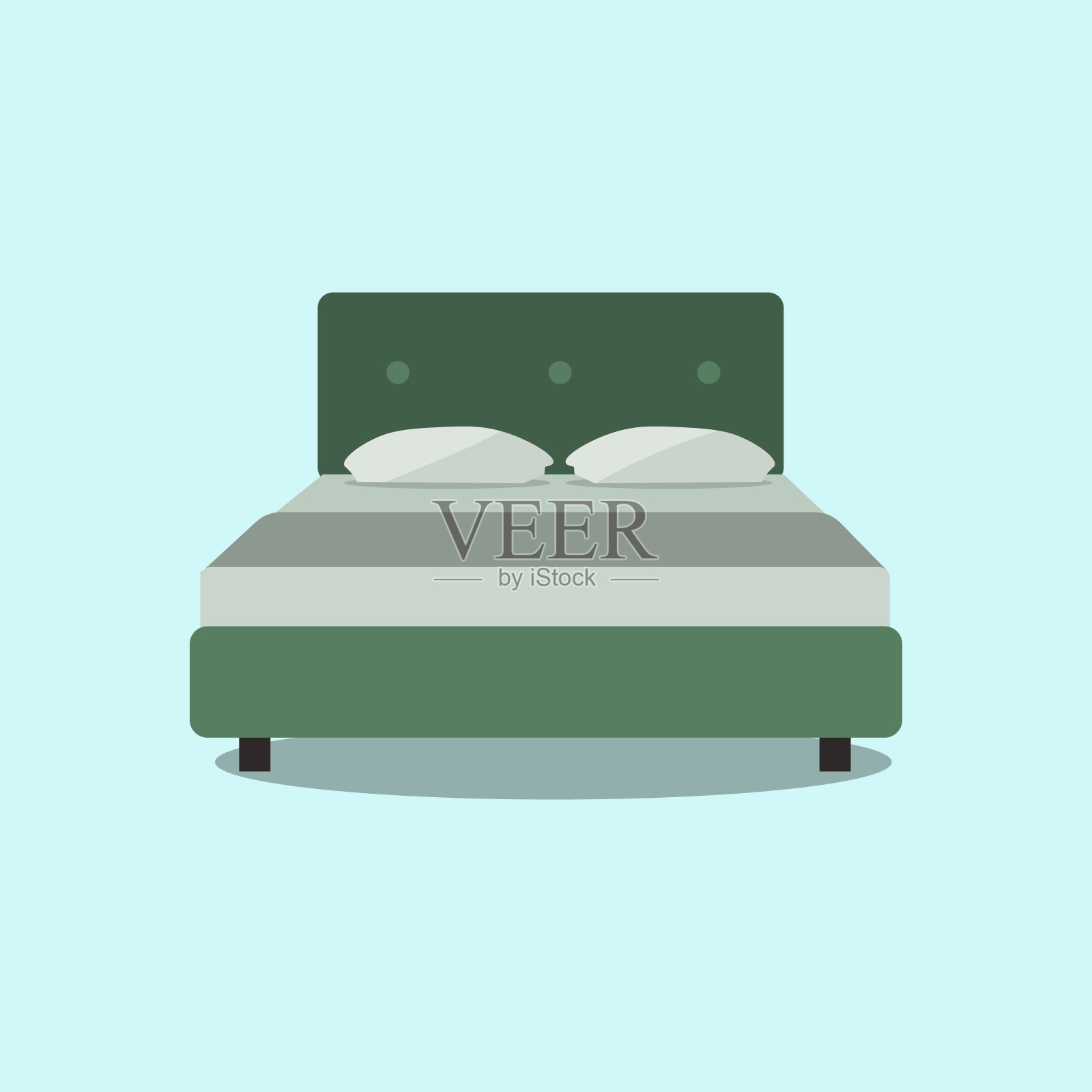双人床，网页图标孤立在浅绿色背景…前视图平面设计插图插画图片素材