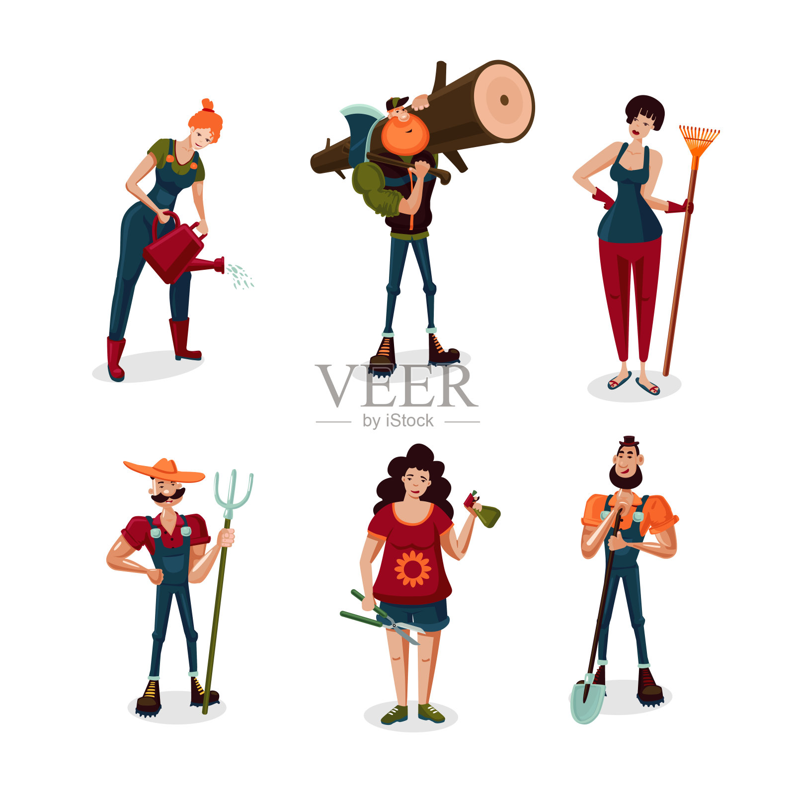 园林工人男女卡通人物设定。农民图标收藏。平的风格。插画图片素材