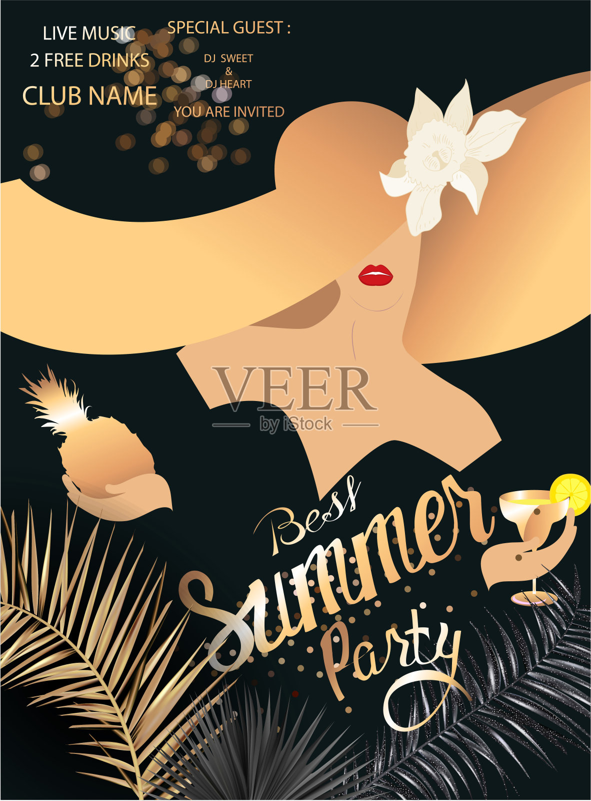 最好的夏日派对优雅的横幅，热带树叶，金色的灰尘和女孩在一个巨大的夏季帽子。矢量图插画图片素材