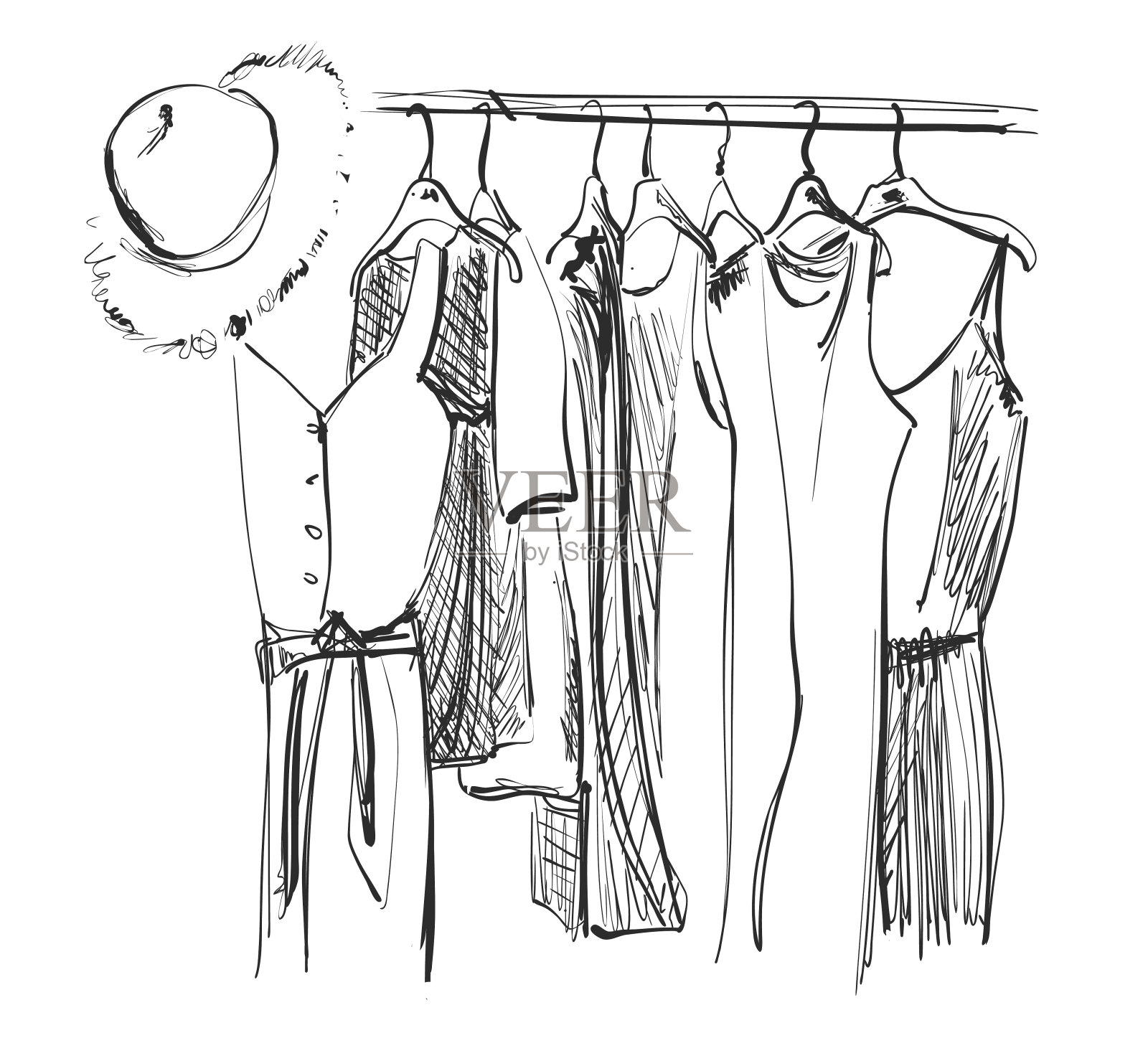 衣柜草图衣服挂在衣架上夏装和夏帽插画图片素材