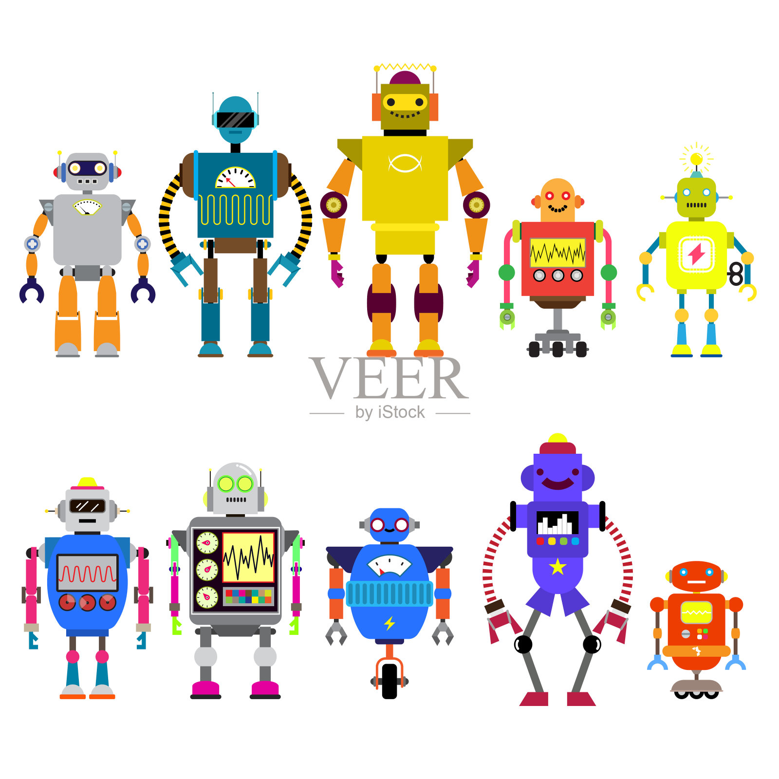 一组不同的卡通机器人角色，太空人半机械人孤立在白色背景插画图片素材