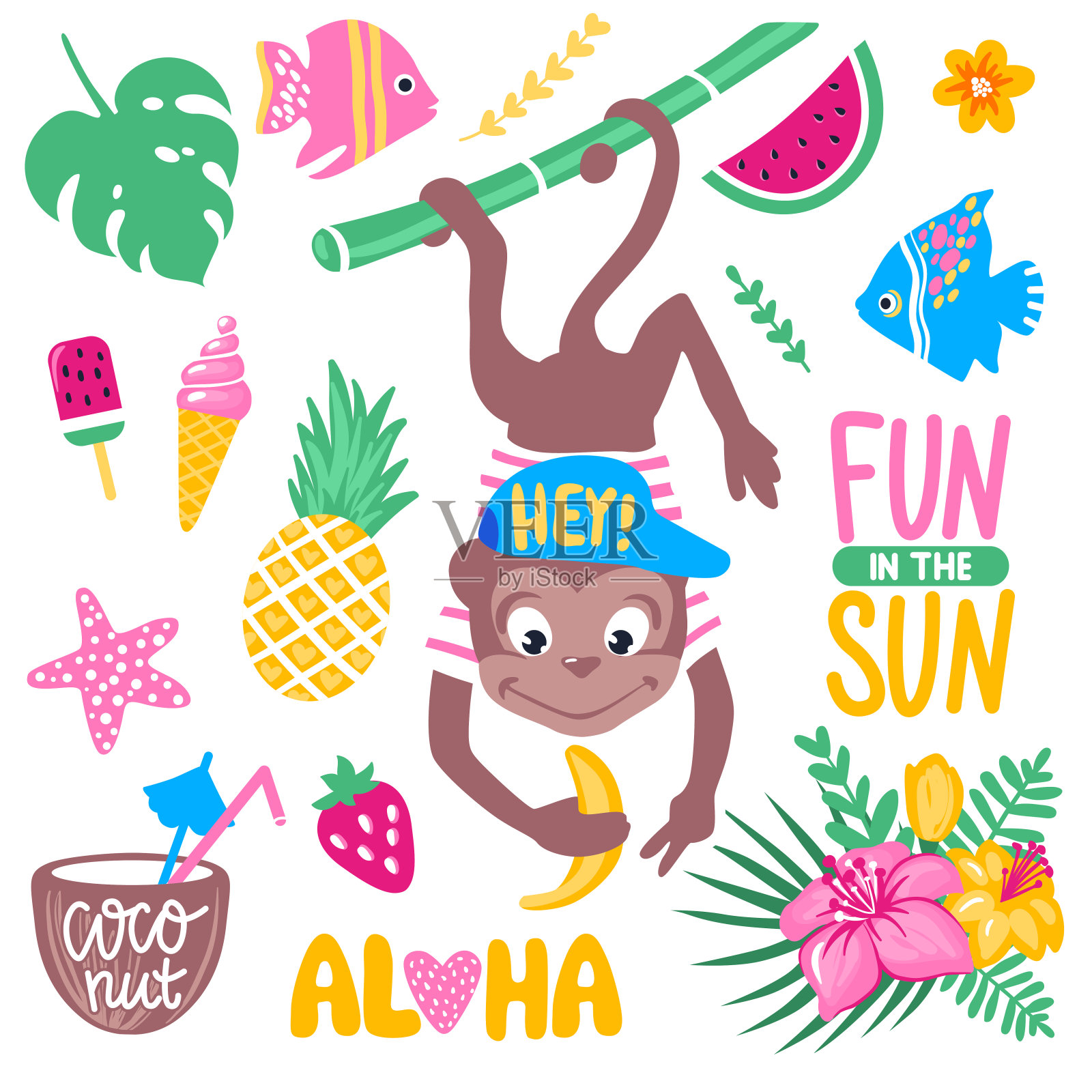 矢夏集搞笑猴，热带叶和花插画图片素材