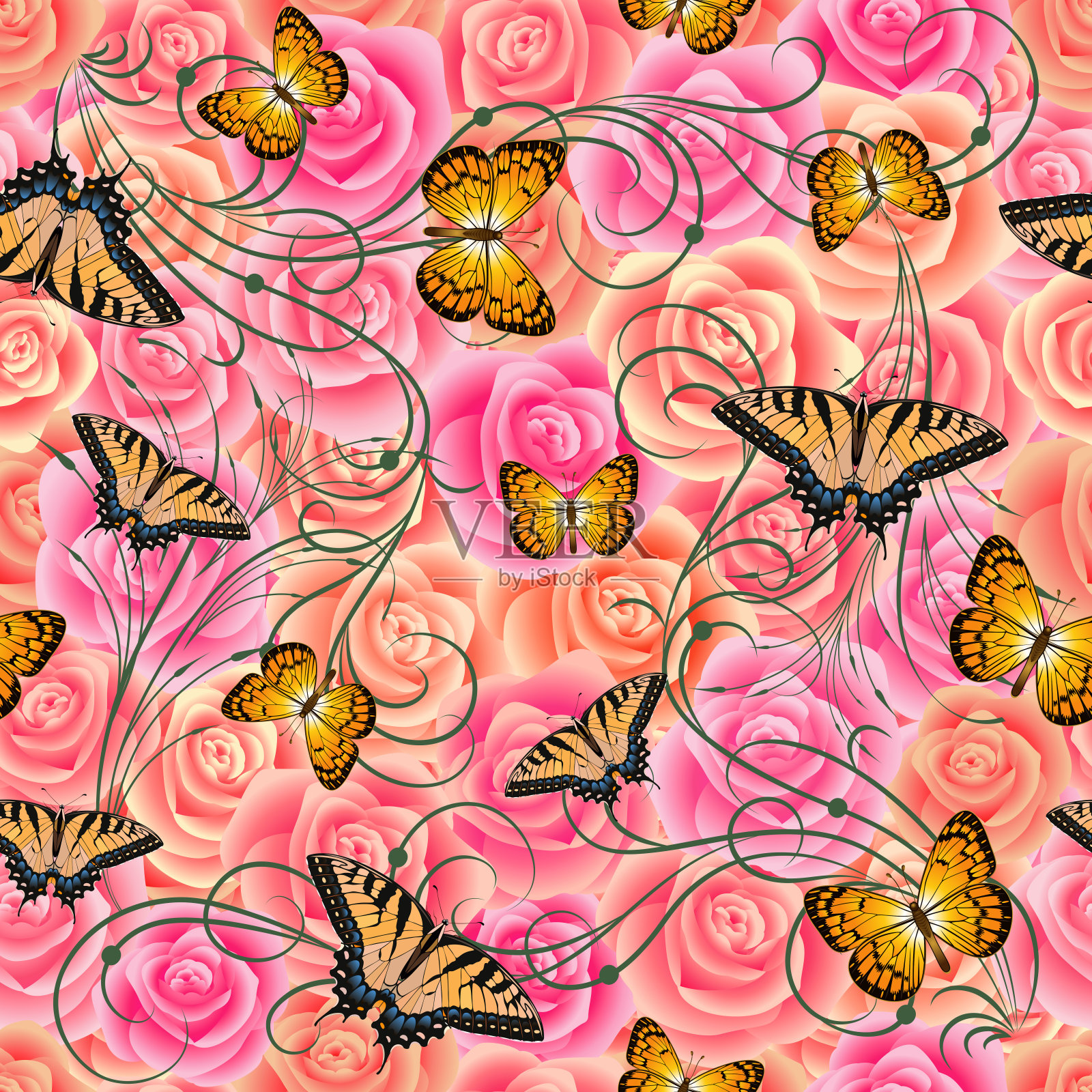 无缝模式与玫瑰和蝴蝶插画图片素材
