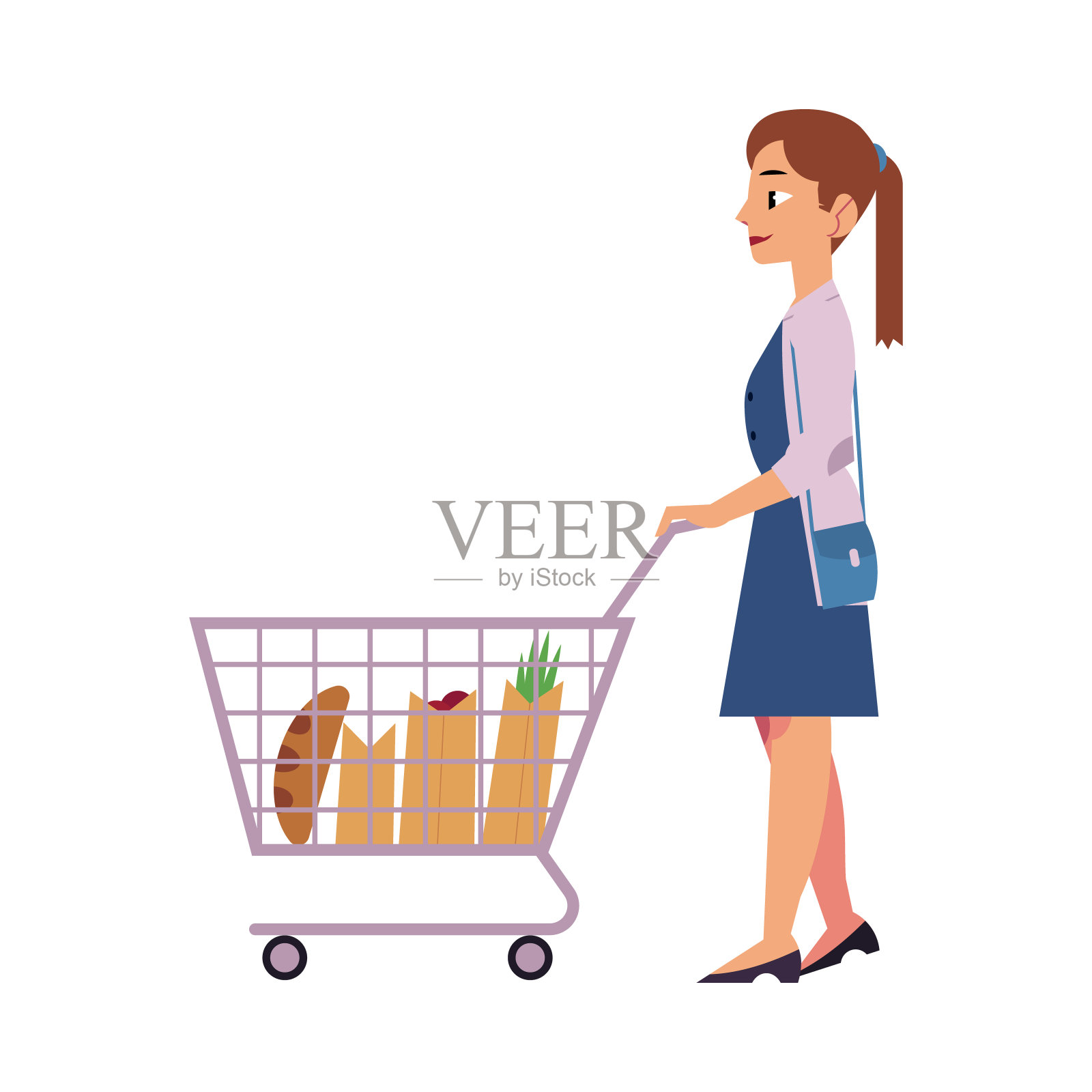 年轻的女孩用手推着购物车在超市存放食物。插画图片素材