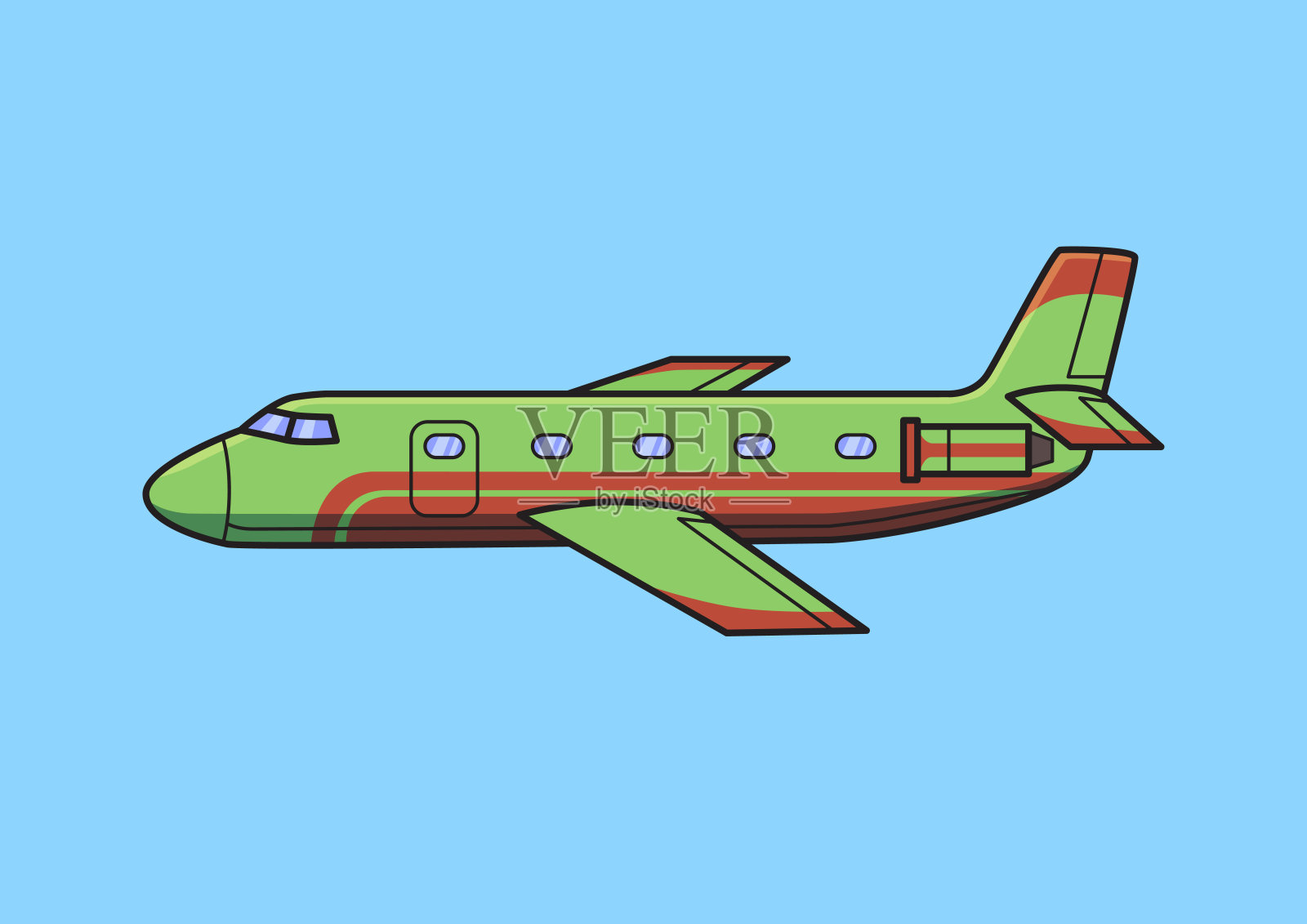绿色公务机，飞机。平面向量插图。在蓝色背景下隔离插画图片素材