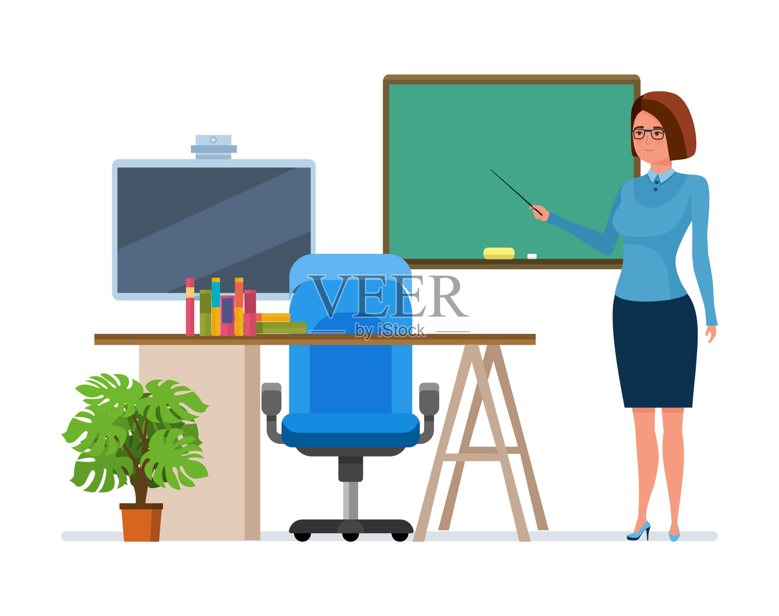 在课堂上，老师在板子旁边讲课插画图片素材
