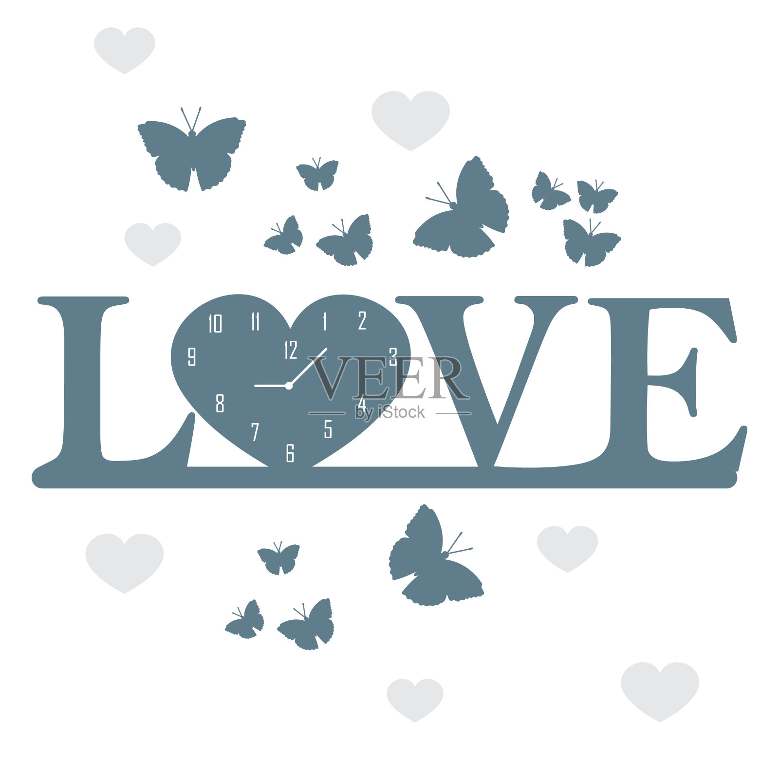 浪漫的时钟，蝴蝶和心形的情人节插画图片素材