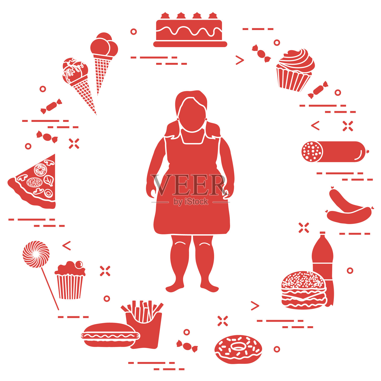 有害的饮食习惯和肥胖的女孩。插画图片素材