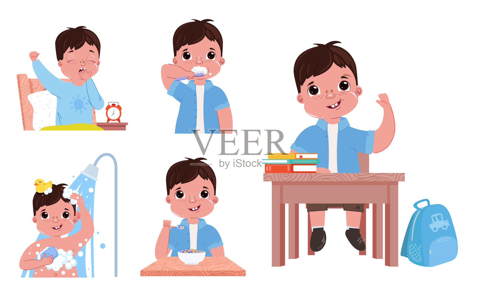 这孩子的日常生活是一个男孩。回到学校。起床，刷牙，洗澡，吃早餐插画图片素材