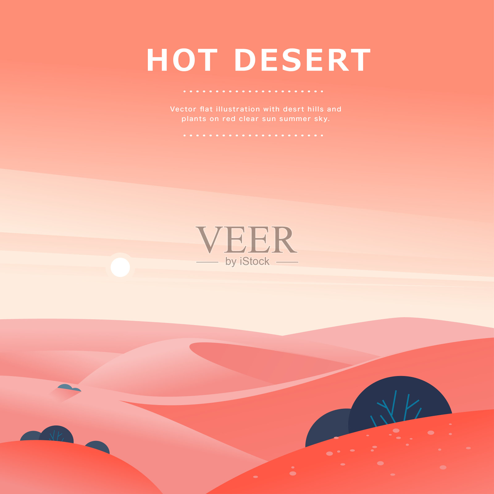 矢量平坦的夏季景观插图与沙漠山丘和沙丘在晴朗炎热的阳光明媚的天空。完美的旅游广告，旅游海报，海报，传单，横幅。大自然美丽的景色。插画图片素材