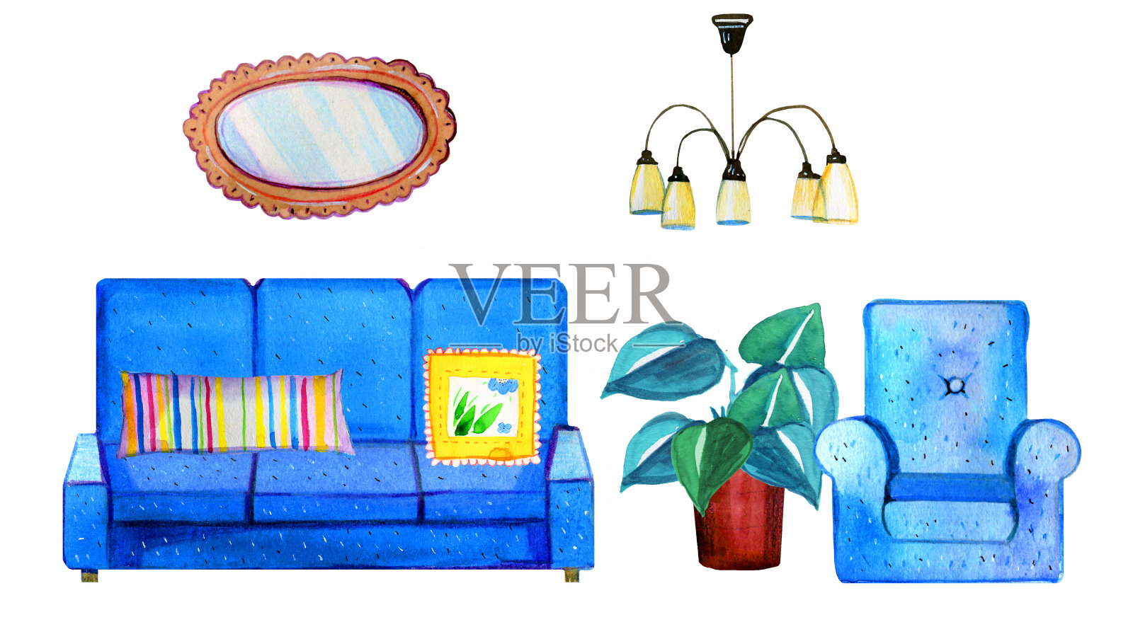 手绘水彩室内与程式化的家具。植物，沙发，灯，镜子和扶手椅插画图片素材