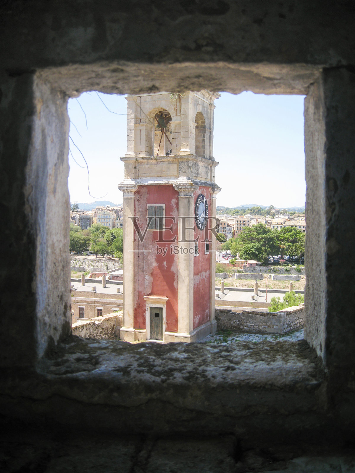 希腊科孚岛古老堡垒的钟楼照片摄影图片