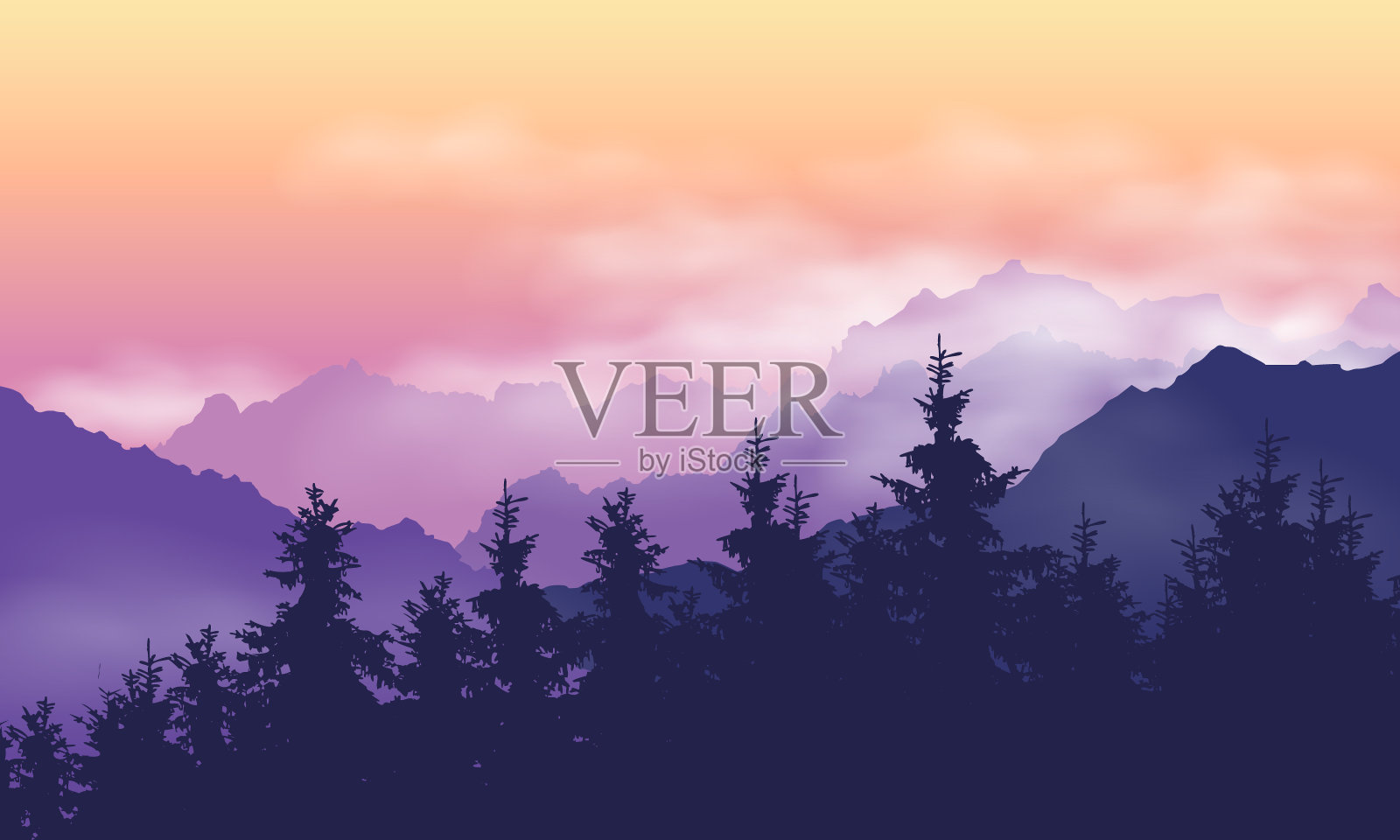 山景以森林为主，山峦间云雾缭绕，紫黄色天空下带着晨光矢插画图片素材