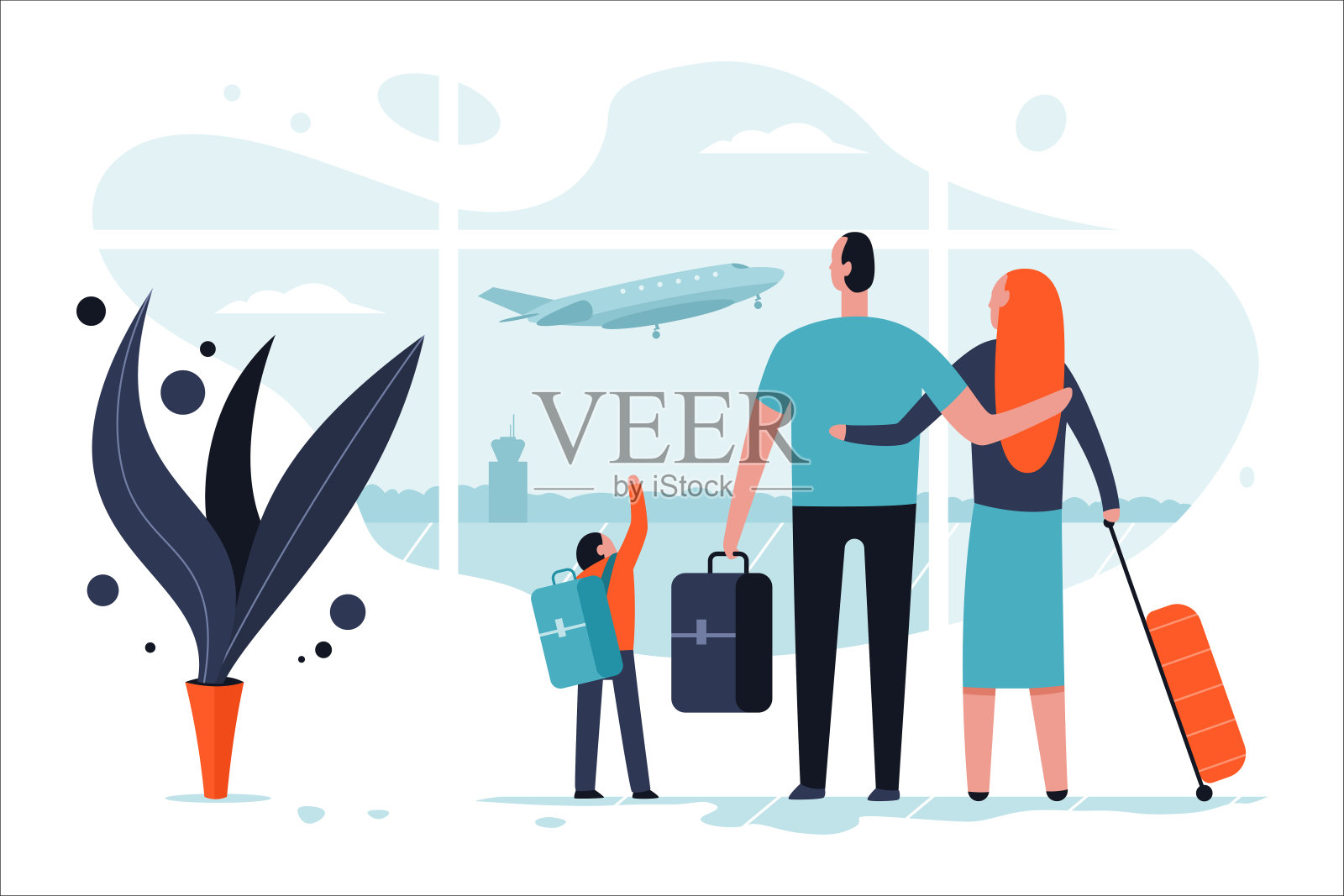 家人带着行李在机场候机楼。乘客和旅行矢量卡通平面概念插图。插画图片素材