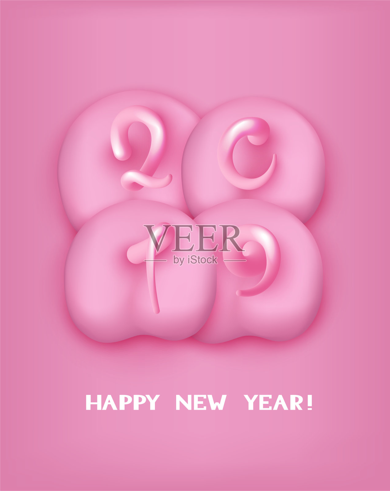 2019年的新年横幅有4个猪粉色的背面和数字形状的尾巴。矢量图设计模板素材