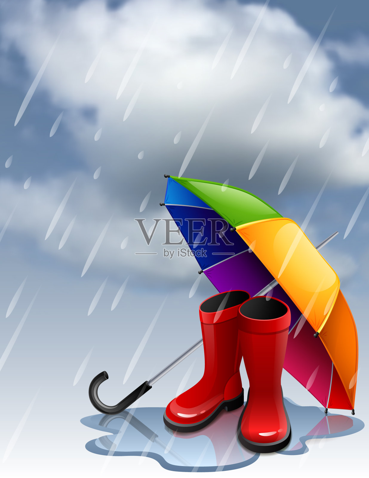秋季背景与彩虹伞和红色胶靴插画图片素材