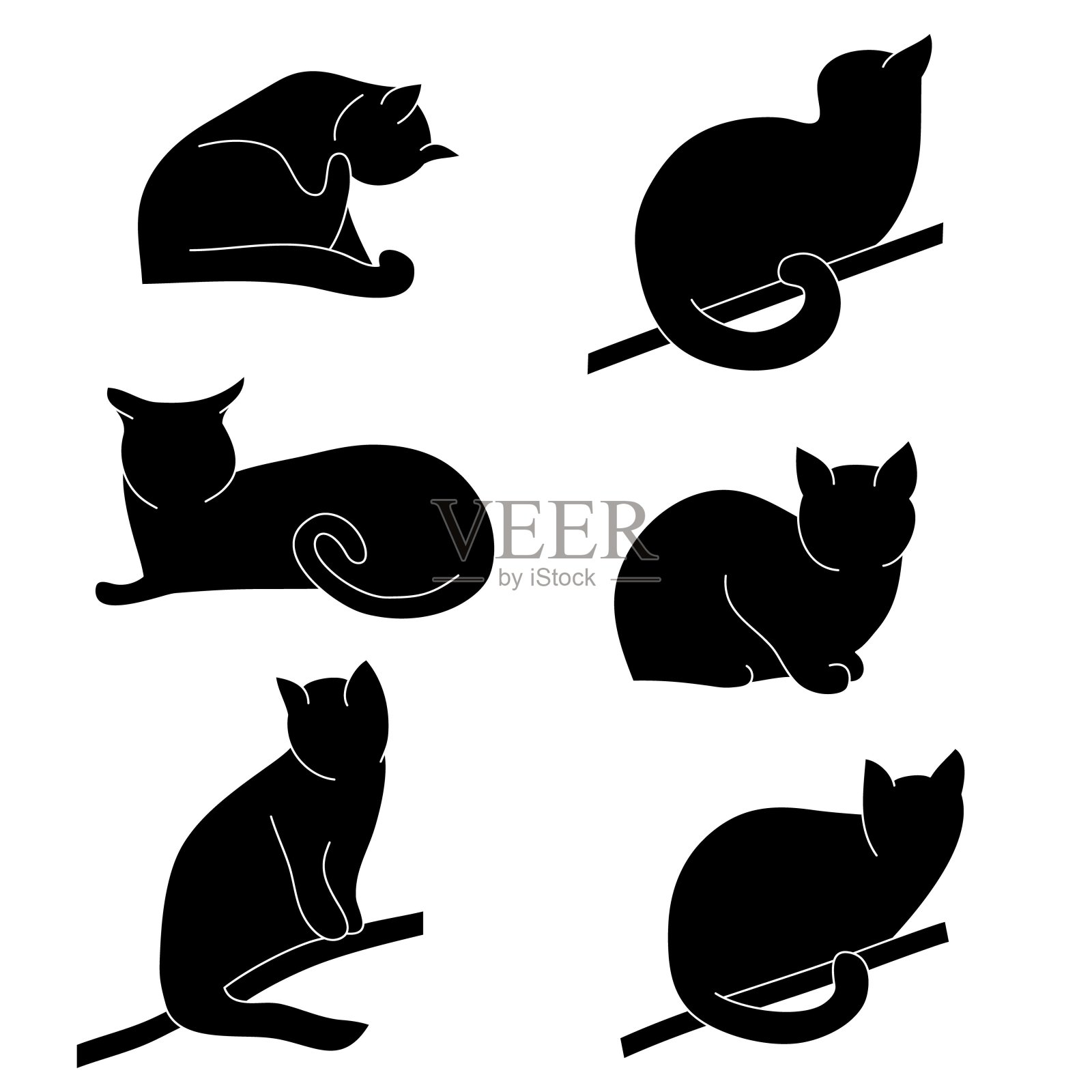 向量集的猫剪影。不同的姿势:坐，躺，休息，玩，打猎。猫舔着爪子，坐在树枝上，猫很生气。孤立的猫人物在白色的背景。插画图片素材