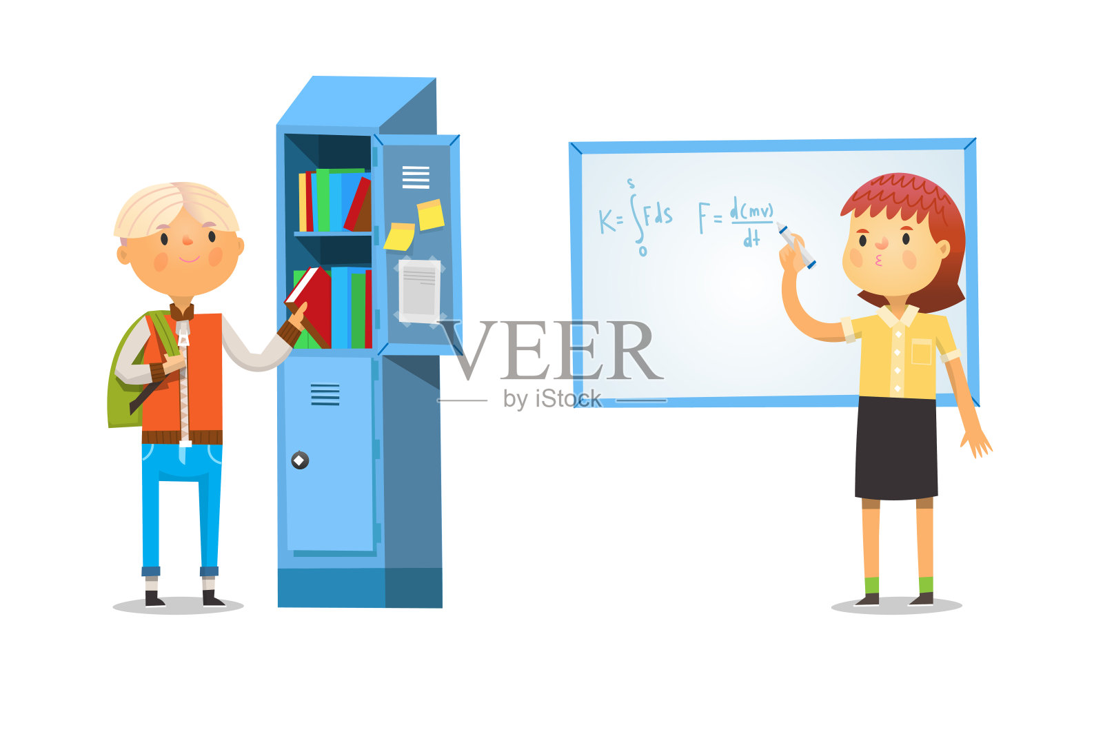 男孩和女孩在学校。把书从柜子里拿出来，在白板上写公式，解数学题。插画图片素材