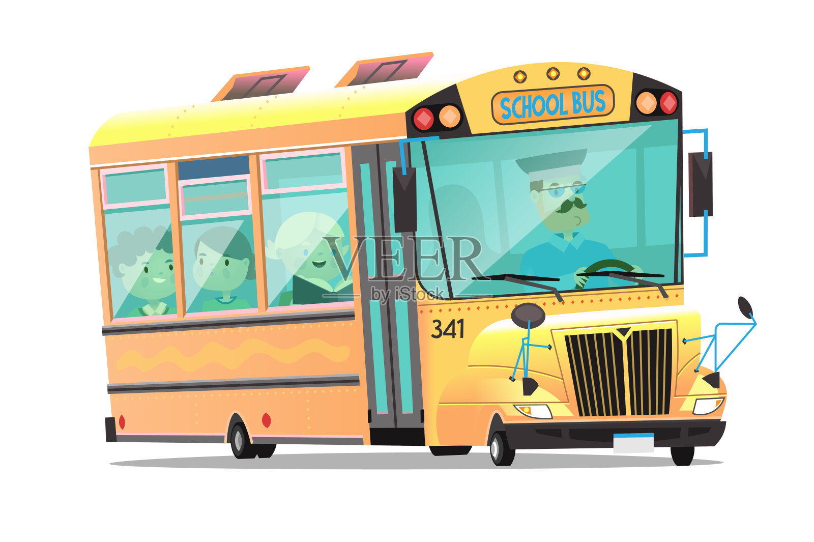 可爱的黄色校车，留着小胡子的司机。孩子们在船上聊天和学习。插画图片素材