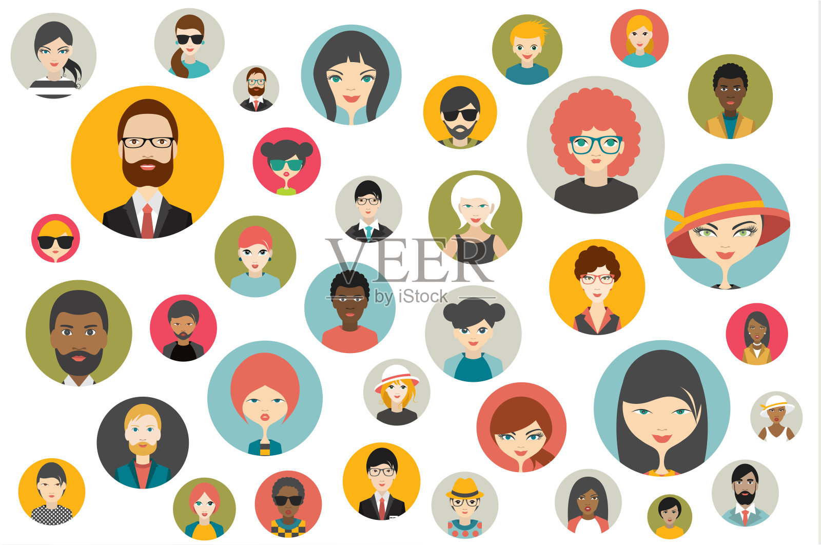 Mega set of persons, avatar, people heads different nationality in flat style。向量。插画图片素材