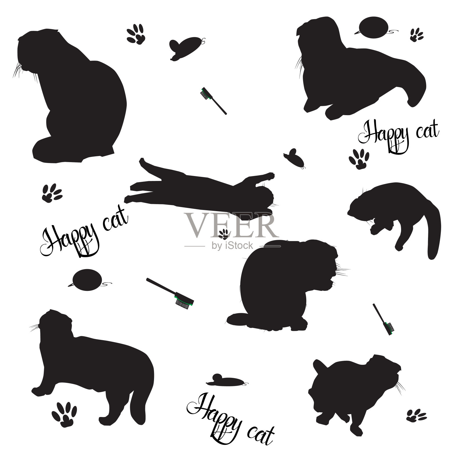 矢量黑白插图的猫与宠物配件插画图片素材