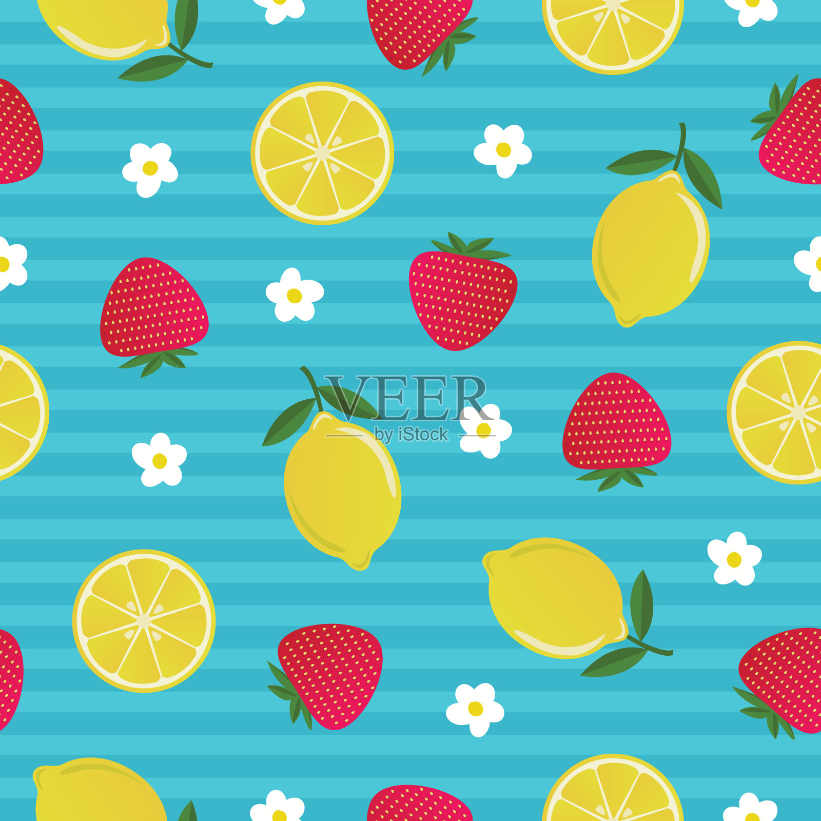 鲜艳明亮的夏季水果无缝图案与草莓和柠檬在蓝色的背景。可爱的儿童图案插画图片素材