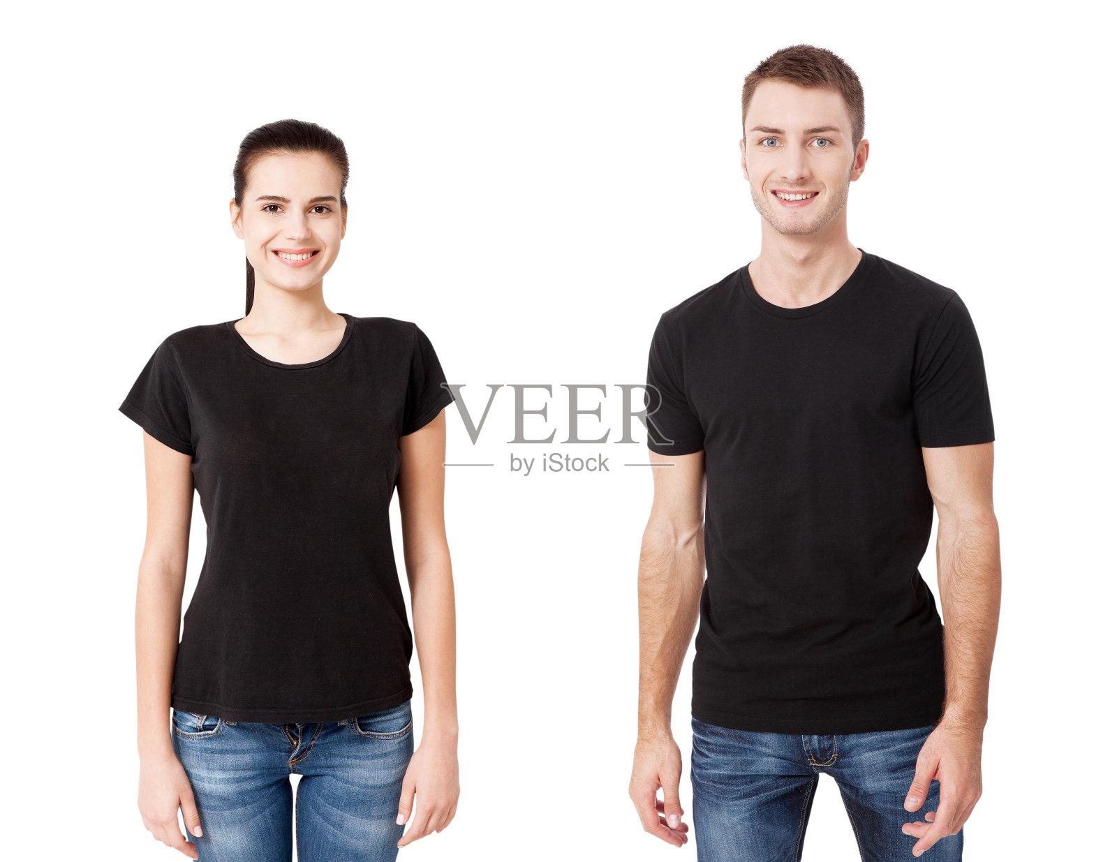衬衫的设计和人的概念-近距离的年轻男女在空白的黑色t恤孤立。照片摄影图片
