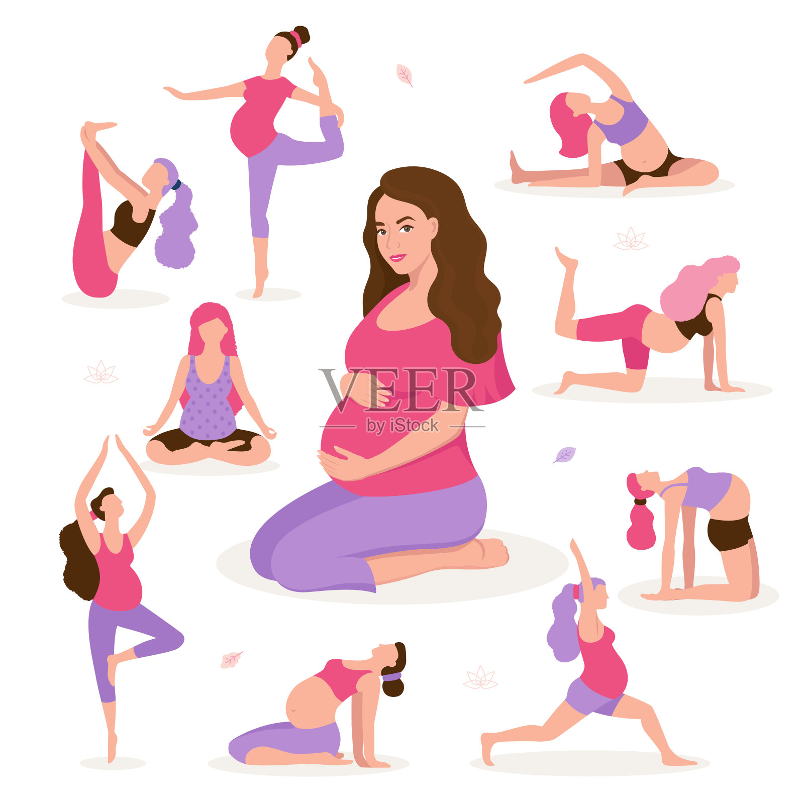 漂亮孕妇做瑜伽，拥有健康的生活方式和放松，锻炼孕妇矢量平面插图。幸福和健康的怀孕概念孤立在白色背景插画图片素材