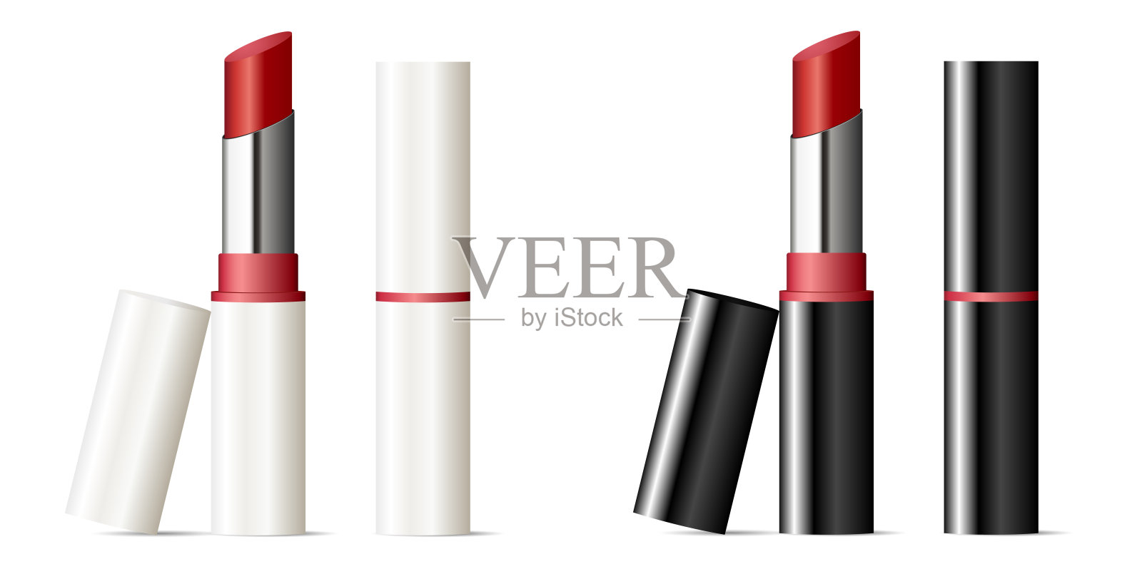 时髦的口红模拟设置与黑色和白色的帽子。矢量插图。性感的红色。3d化妆化妆品广告。设计元素图片