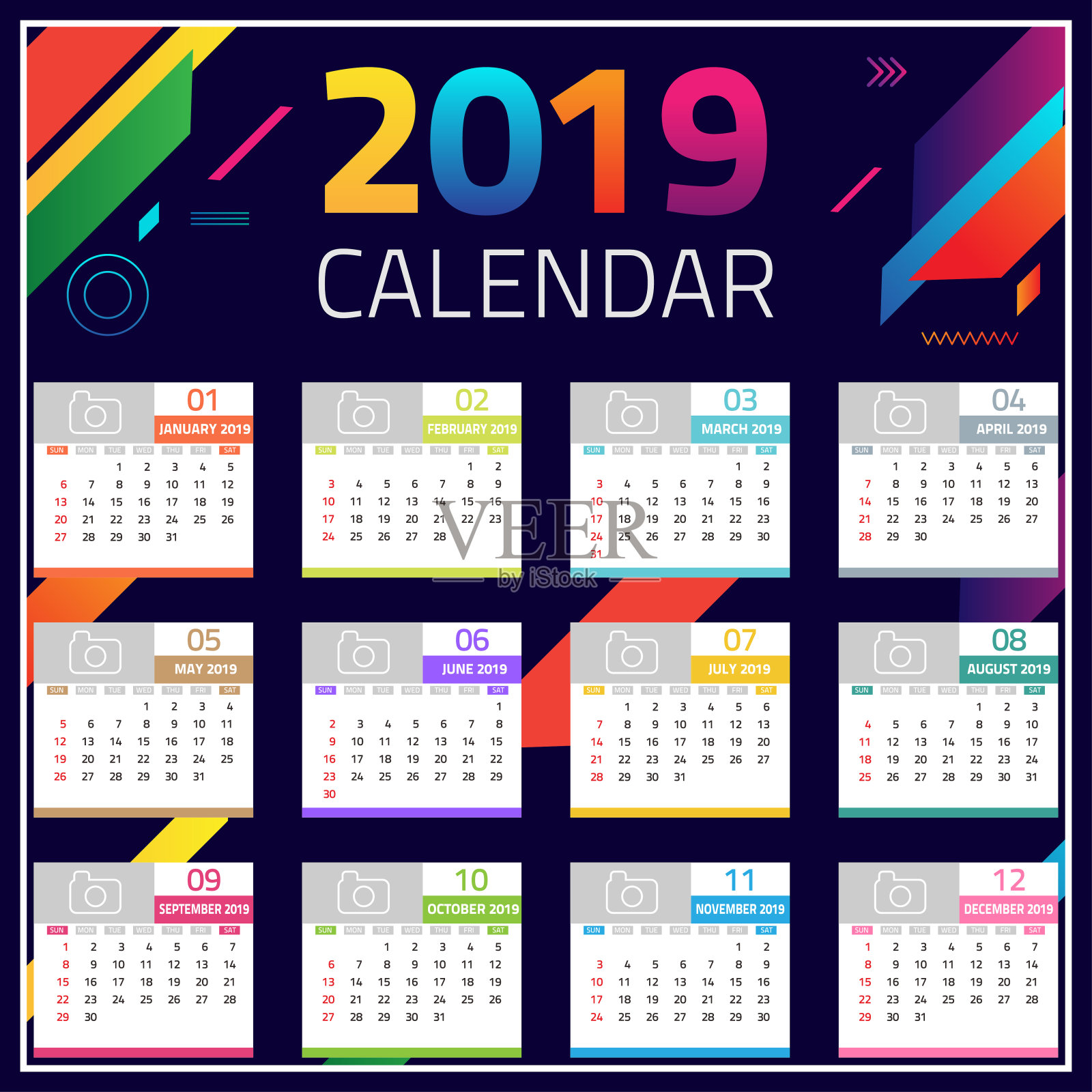 2019年日历。彩色设置，设置书桌和墙壁日历模板设计与空间的照片和公司标志。一周从周日开始。一套12个月。矢量图插画图片素材